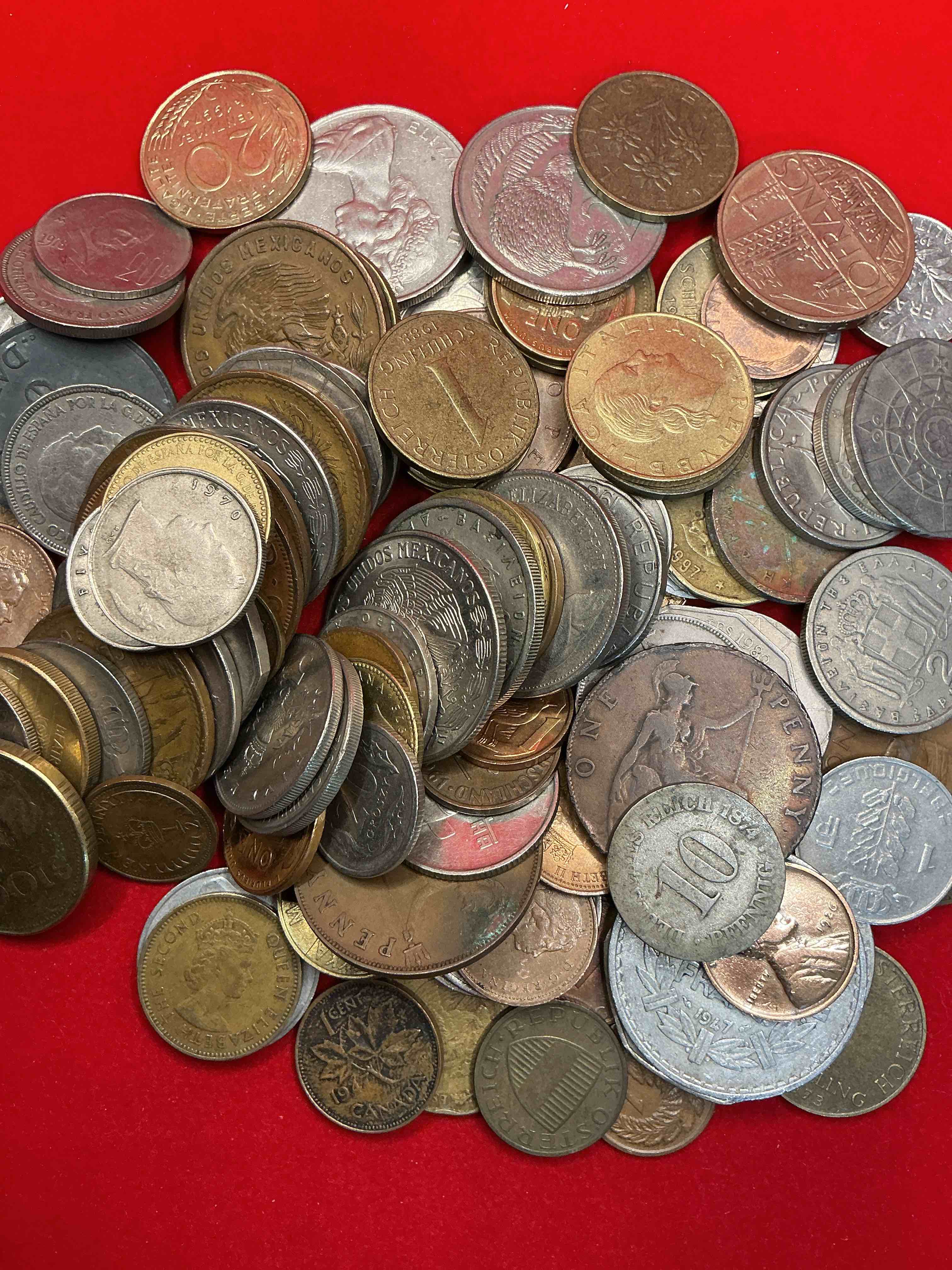 Condition photo showing Good Condition for world coins, antique & vintage! each lot is unique! many different years, countries, sizes & exotic places. this cool collection of antique coins from around the world is loads of fun! have fun identifying each coin & country as a great educational tool! a great investment too!
