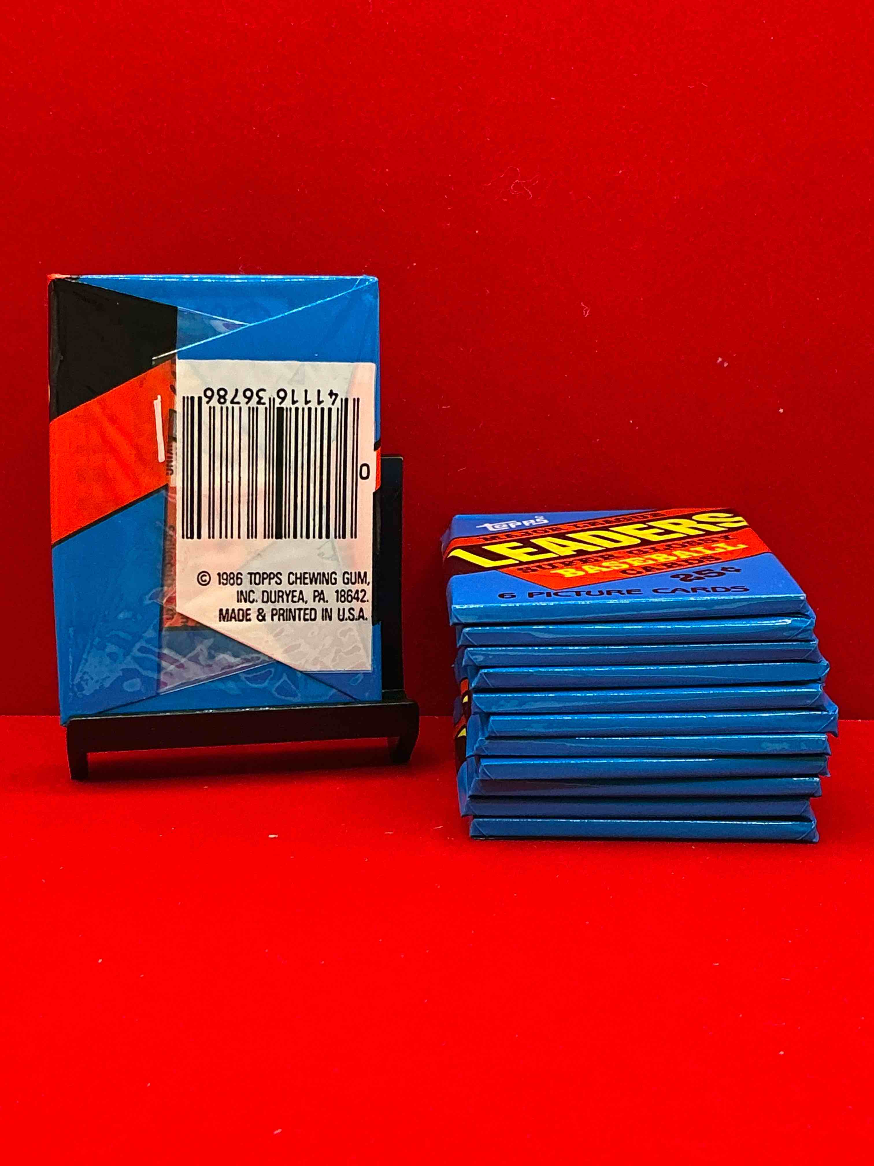 Condition photo showing New/Like New for ultra rare! 1986 "mlb leaders" unopened miniature baseball collectible card packs, 6 cards per pack, direct from original retail case. super rare, impossible to find! like new condition!