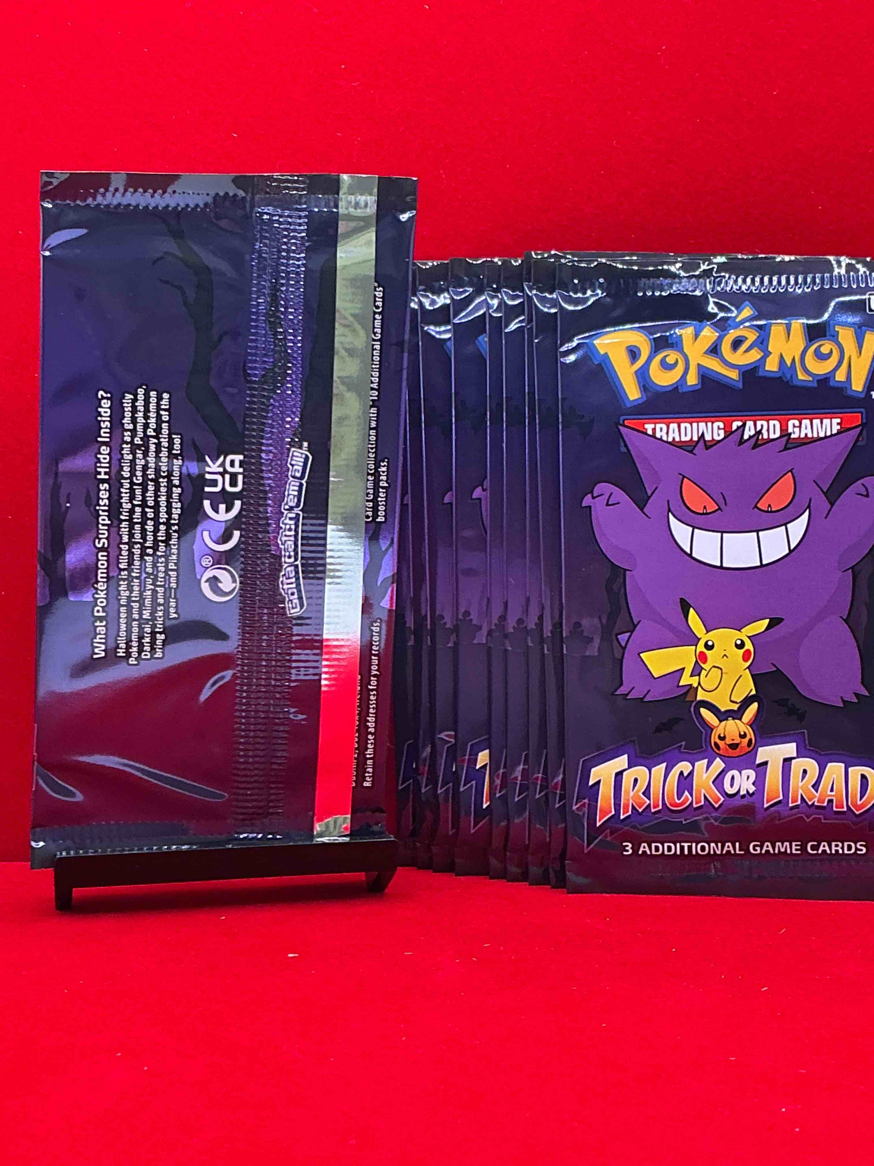 Condition photo showing New/Like New for pokémon packs! spooky trick or trade unopened packs! 3 cards per pack, from 2022! look for legendary monsters!