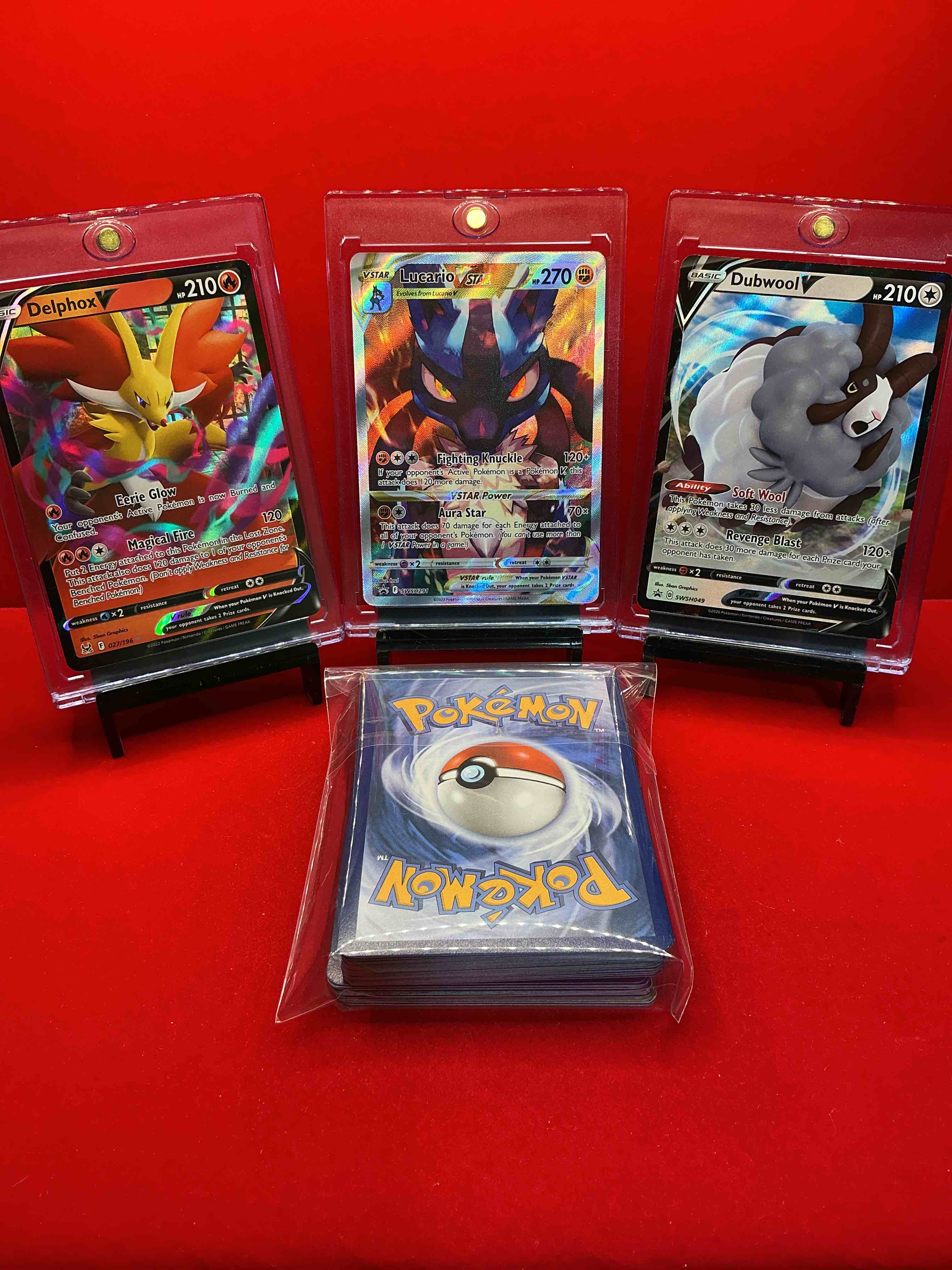 Condition photo showing New/Like New for pokémon galore! lucario vstar! delphox v! dubwool v! along with 50 other pokémon heroes, holos, legends & commons- including holographic cards, stage 2 cards, holos in all forms & more! also includes 36 non holo common/ uncommon basic & first stage cards trainers & energy too! perfect set for collectors & enthusiasts!