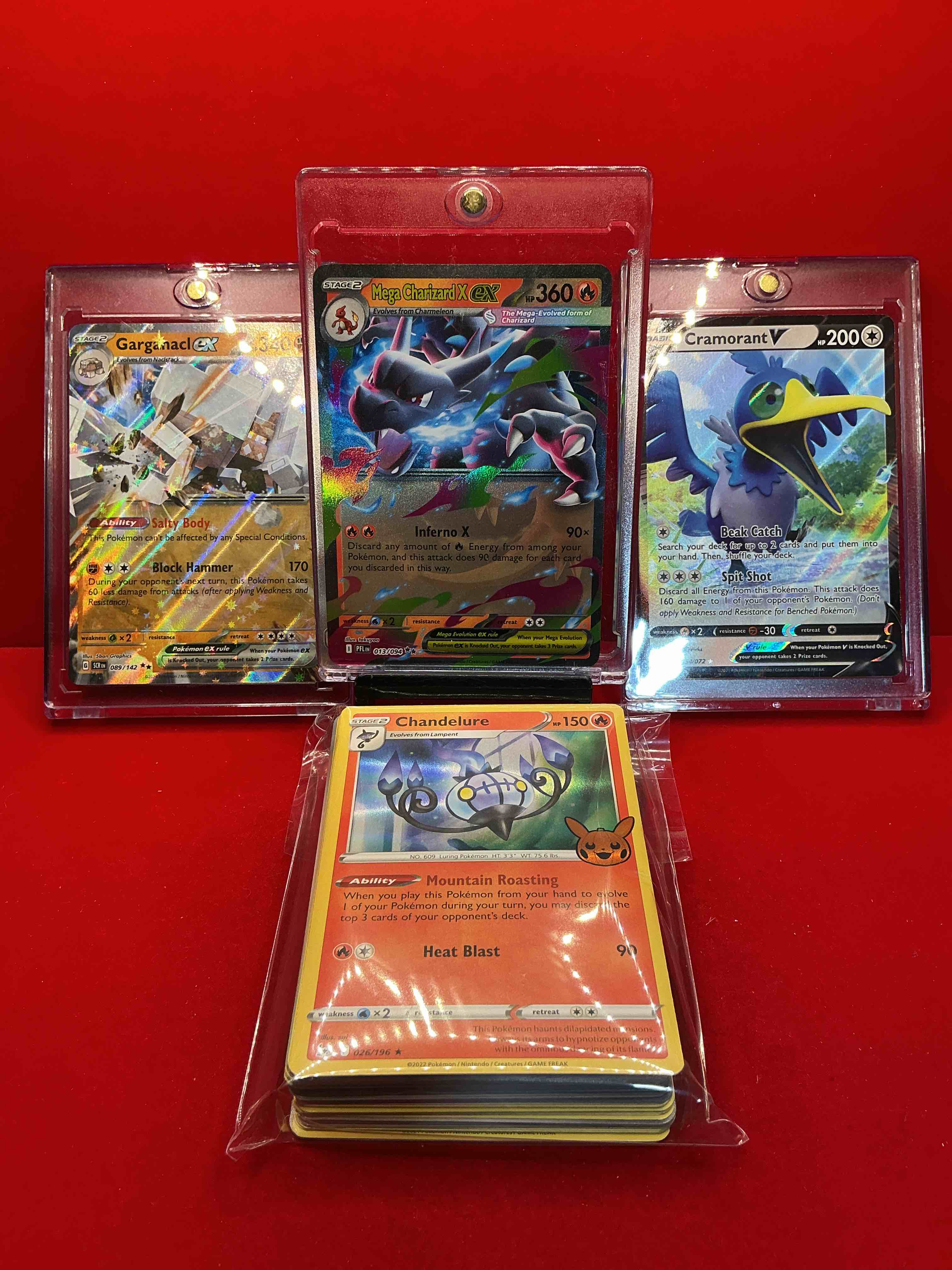 pokémon palooza! mega charizard x ex! garganacl ex! cramorant v! along with 50 other pokémon heroes, holos, legends & commons- including holographic cards, stage 2 cards, holos in all forms & more! also includes 36 non holo common/ uncommon basic & first stage cards trainers & energy too! perfect set for collectors & enthusiasts!