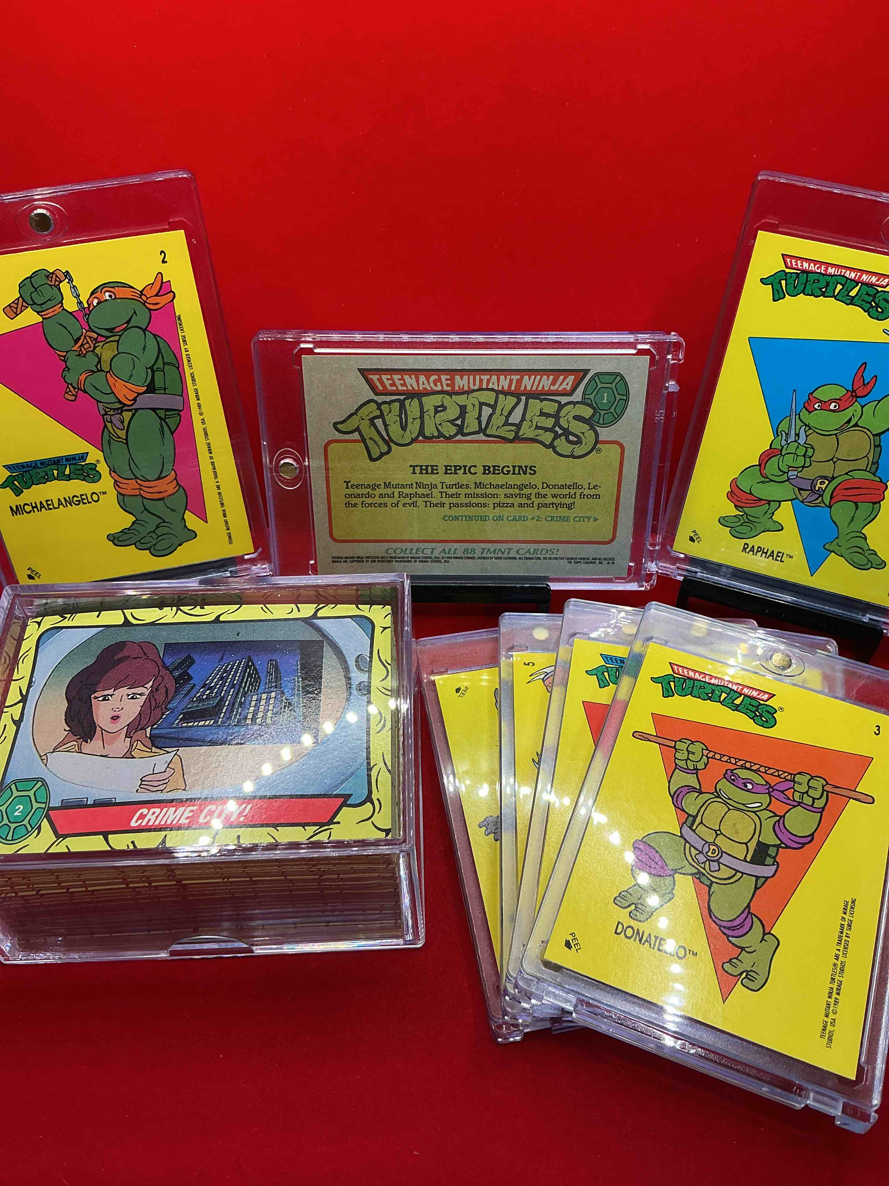 Condition photo showing New/Like New for 1989 ninja turtle wow! totally complete original, authentic teenage mutant ninja turtles complete trading card & stickers! all 88 cards & 11 stickers included, for a total qty of 99! excellent condition! your chance to own a genuine tmnt original serious collectible!
