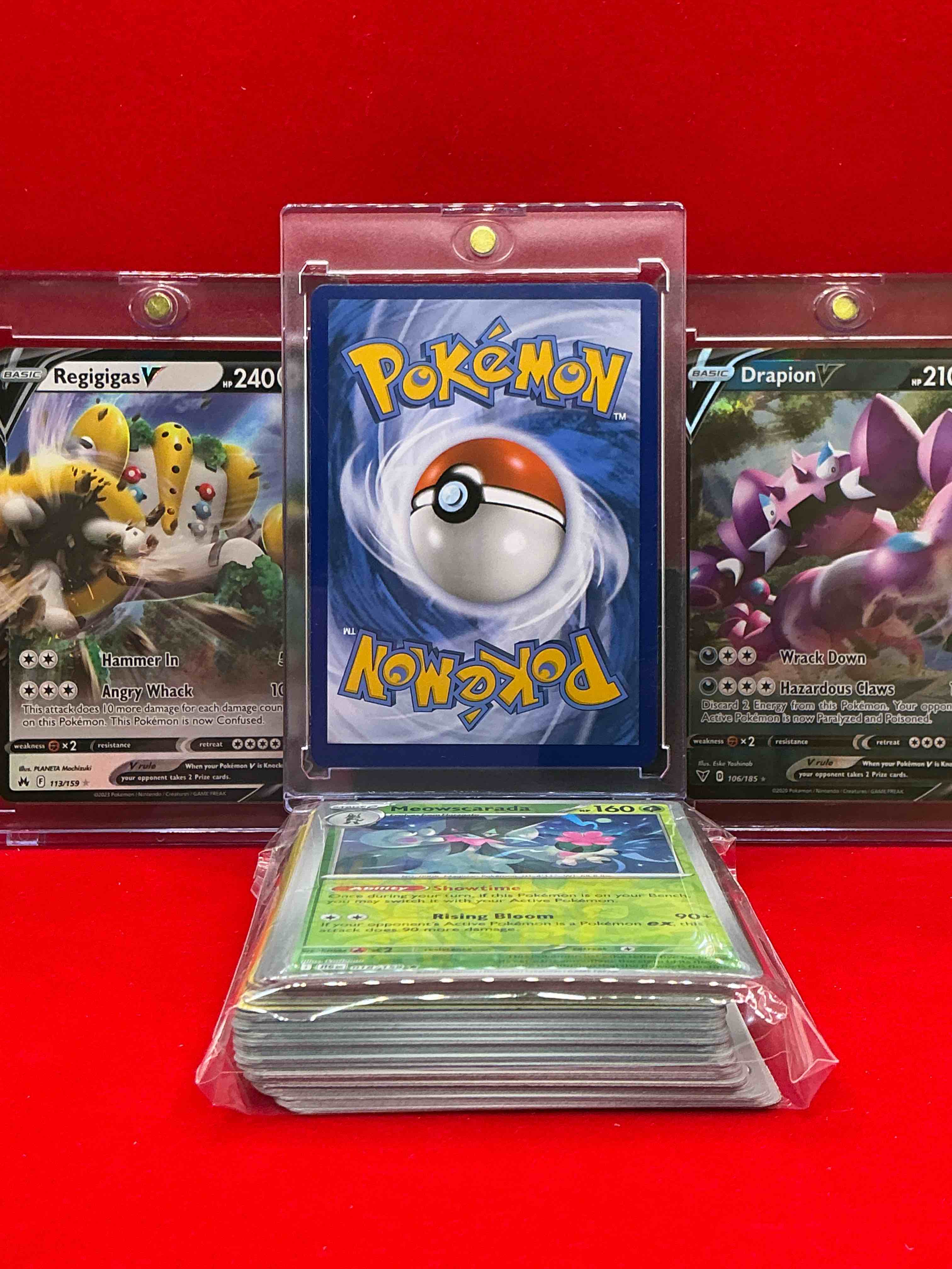 Condition photo showing New/Like New for lucario vstar! regigigas v, drapion v & more! along with 50 other pokémon heroes, holos, legends & commons- including holographic cards, stage 2 cards, holos in all forms & more! also includes 36 non holo common/ uncommon basic & first stage cards trainers & energy too! perfect set for collectors & enthusiasts!
