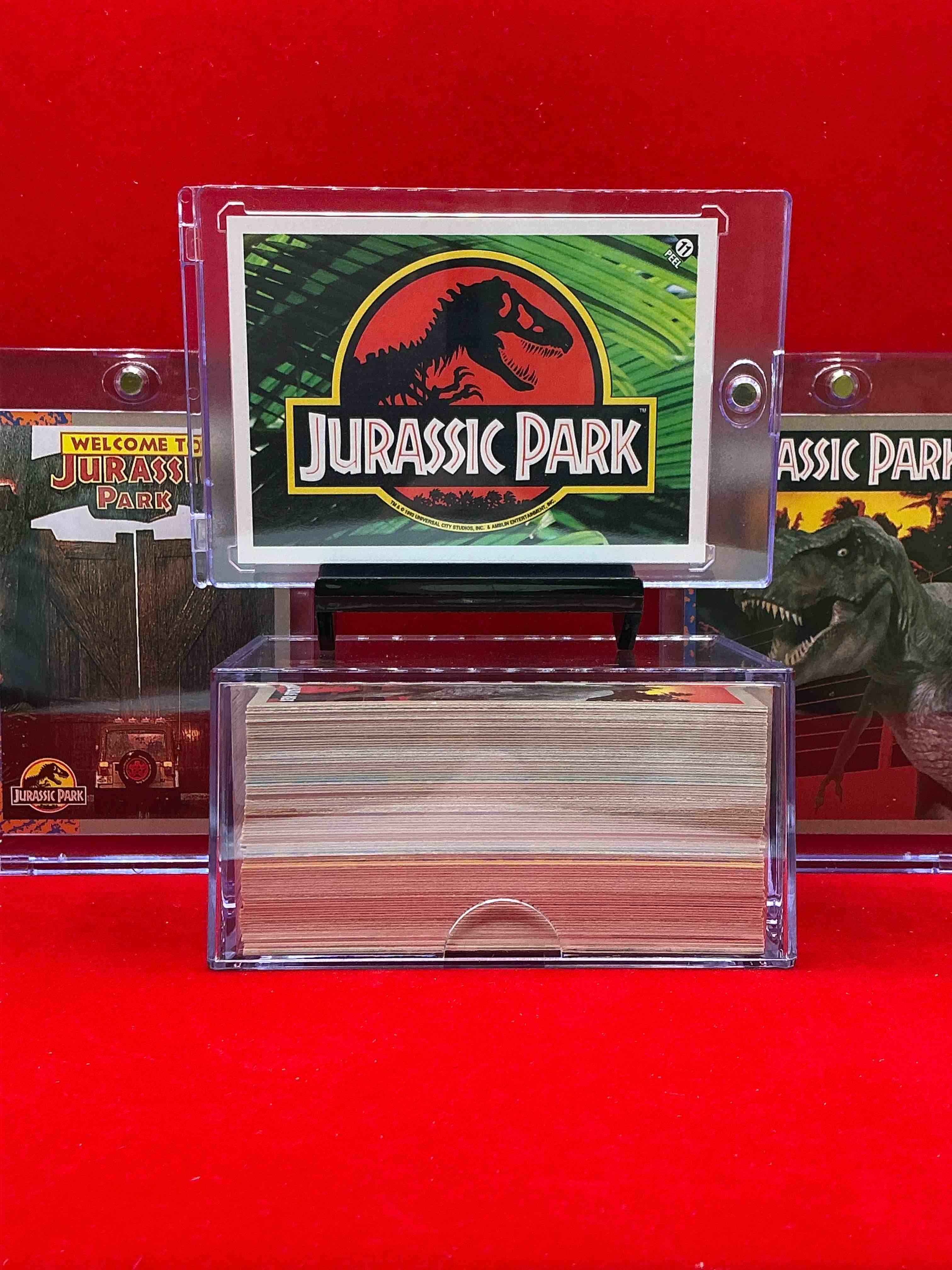 1993 dinosaur history! complete, authentic, original jurassic park movie card & sticker set, excellent condition! own a piece of spielberg’s masterpiece! a serious pop culture collector item & very rare & hard to find with all 88 cards & 11 stickers!