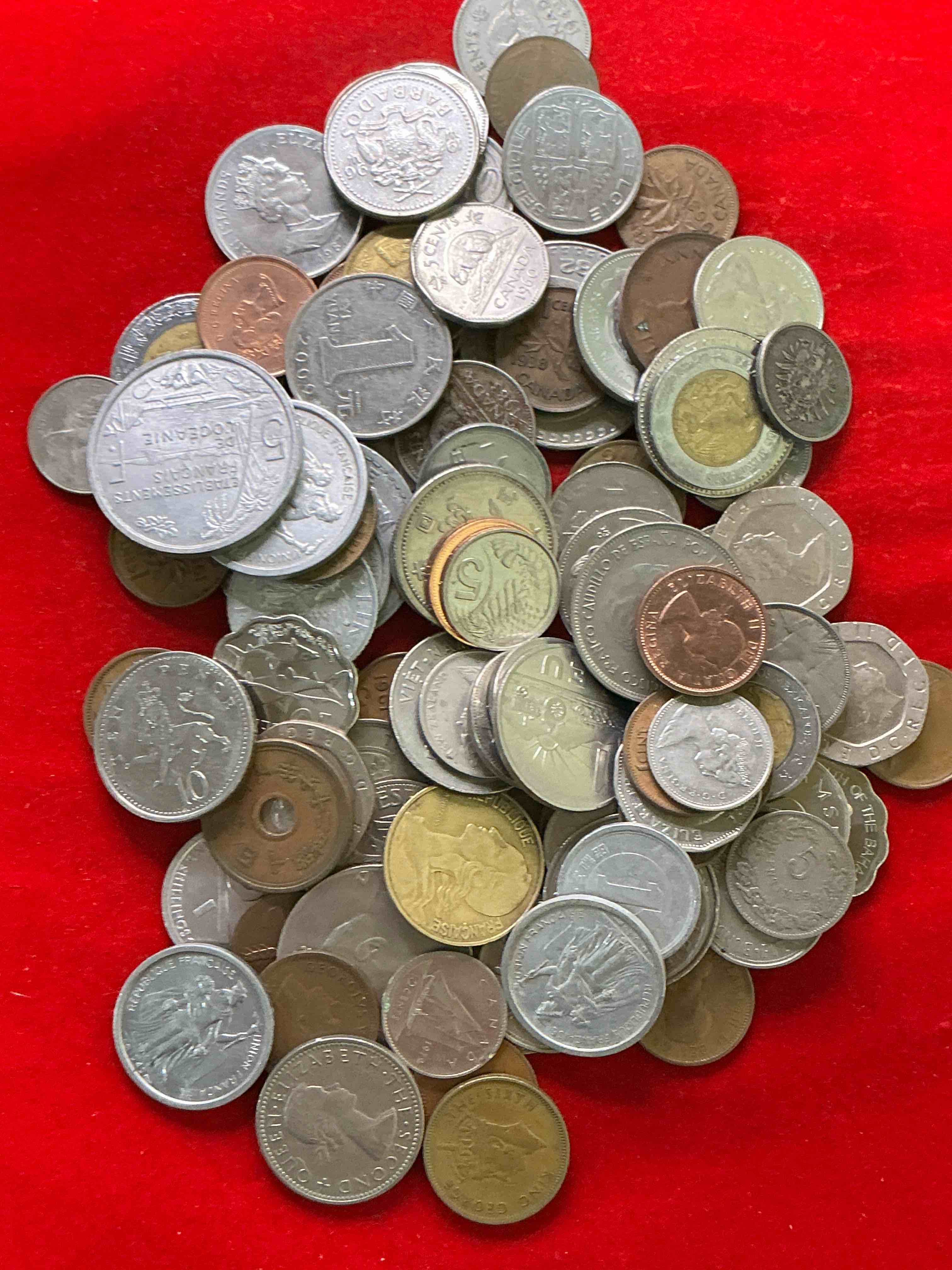 Condition photo showing Good Condition for world coins, antique & vintage! each lot is unique! many different years, countries, sizes & exotic places. this cool collection of antique coins from around the world is loads of fun! have fun identifying each coin & country as a great educational tool! a great investment too!