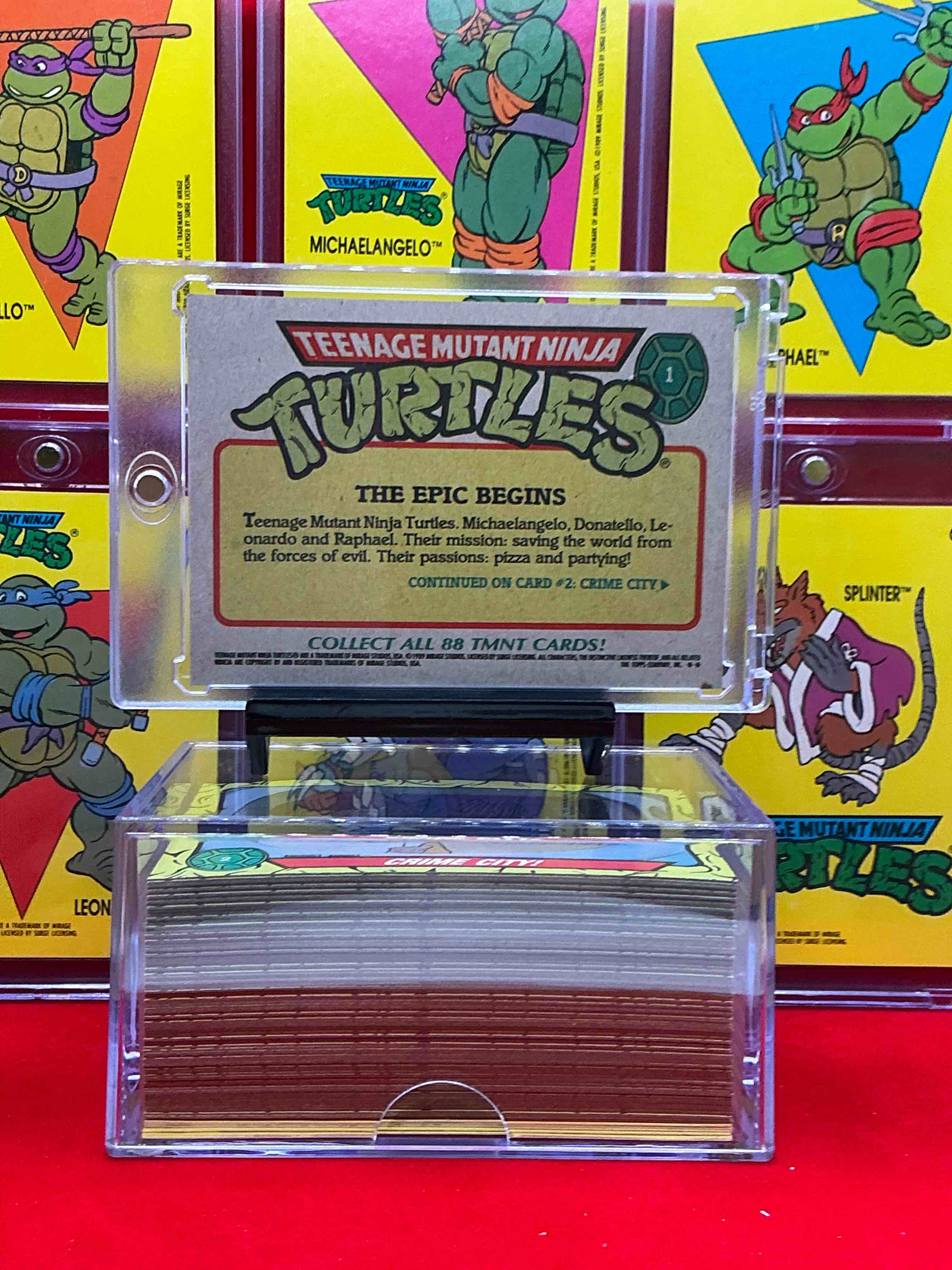 Condition photo showing New/Like New for 1989 ninja turtle wow!  totally complete original, authentic teenage mutant ninja turtles complete trading card & stickers!  all 88 cards & 11 stickers included, for a total qty of 99! excellent condition!  your chance to own a genuine tmnt original serious collectible! 