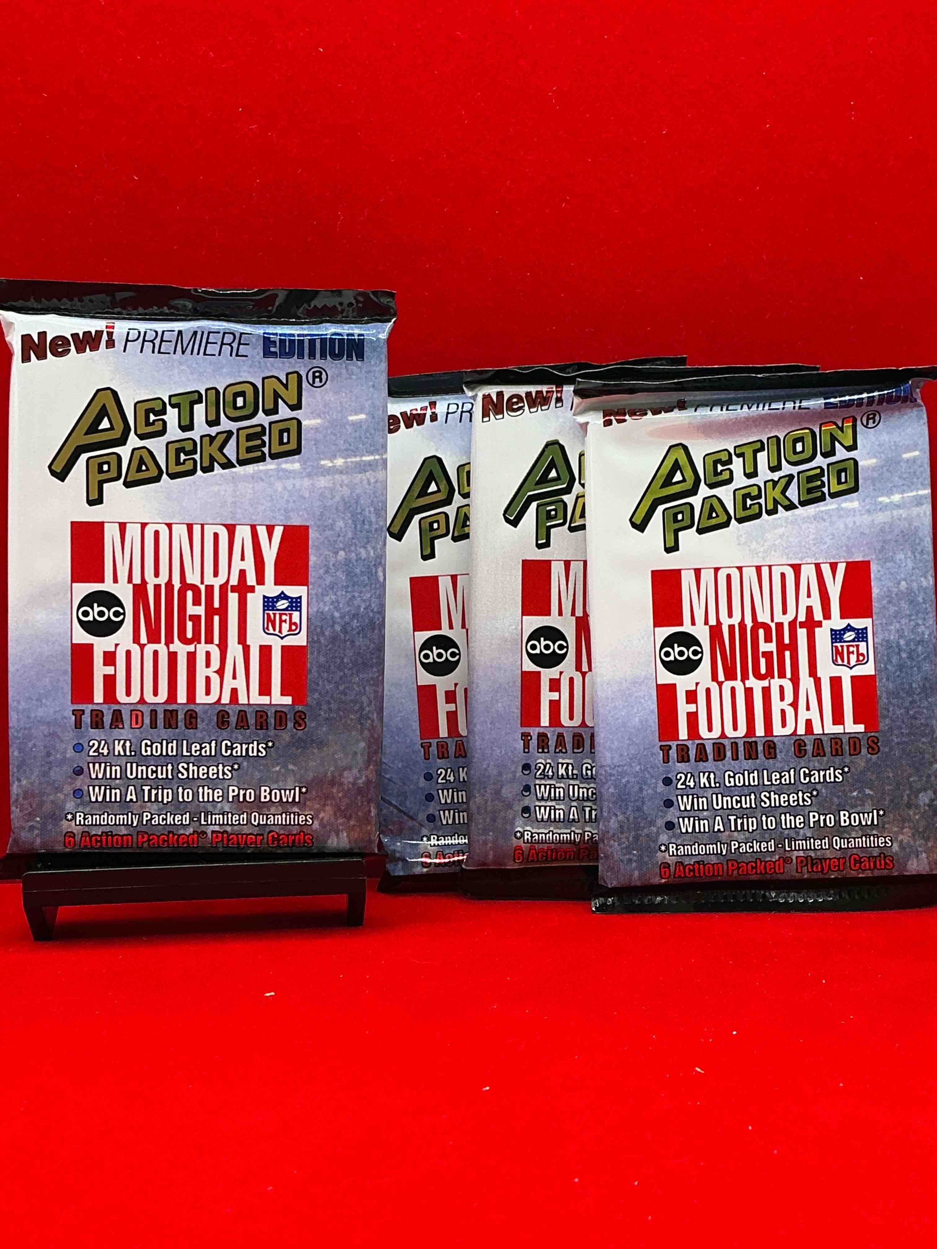 monday night football! rare edition! 1993 nfl action packed! guaranteed star card inside! possible 24k gold leaf cards! awesome nfl packs! search for stars, michael irvin, jerry rice, joe montana, bo jackson, barry sanders & more!
