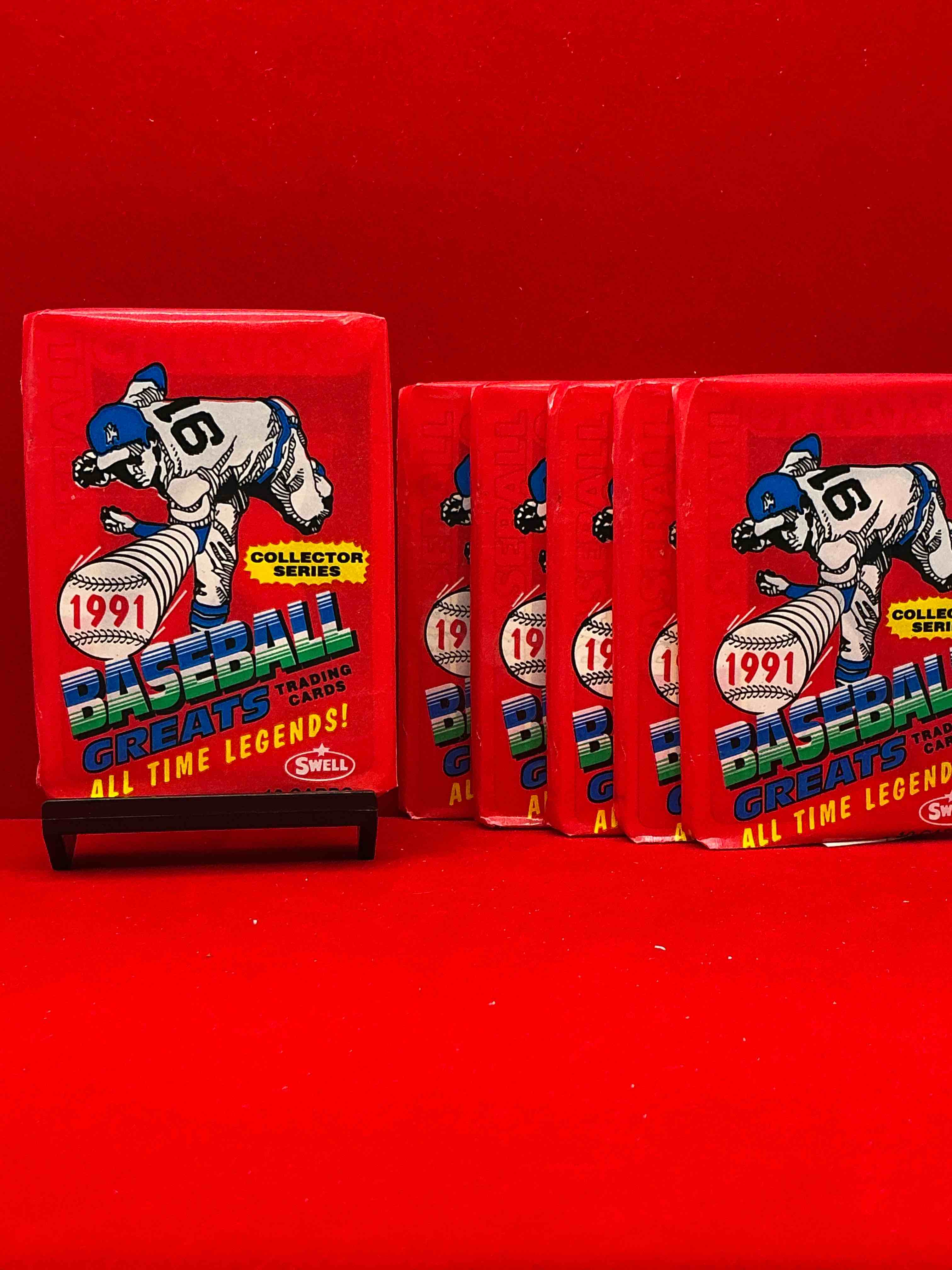 babe ruth!? willie mays!? wow! 1991 swell baseball greats, unopened packs direct from original retail case! look for legendary cards featuring lou gehrig, ted williams, yogi berra, lou brock & more! “baseball greats… all time legends” packs! wow! collector series!