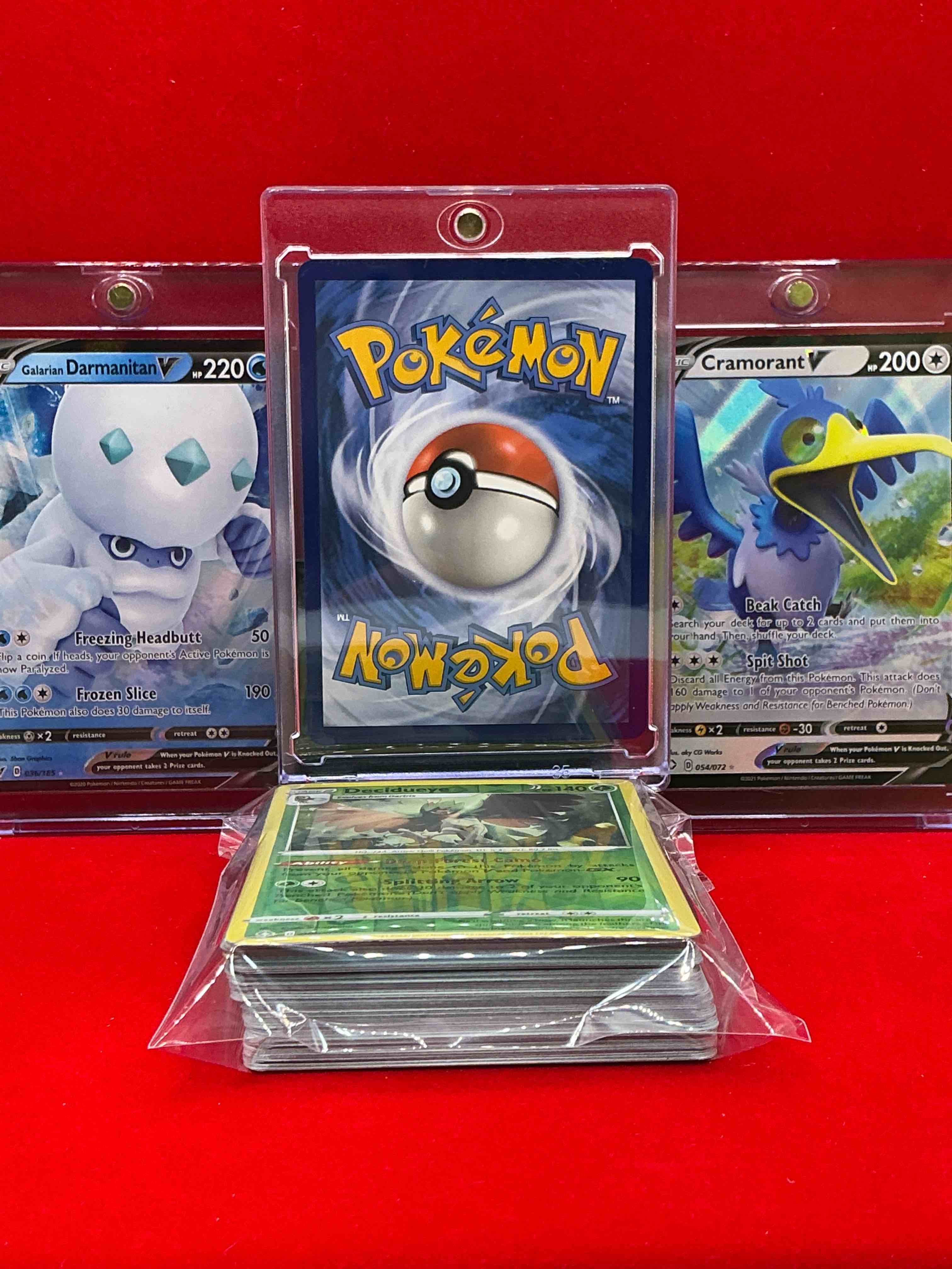 Condition photo showing New/Like New for charizard v, cramorant v, darmanitan v & more… pokémon party! along with 50 other pokémon heroes, holos, legends & commons- including holographic cards, stage 2 cards, holos in all forms & more! also includes 36 non holo common/ uncommon basic & first stage cards trainers & energy too! perfect set for collectors & enthusiasts!