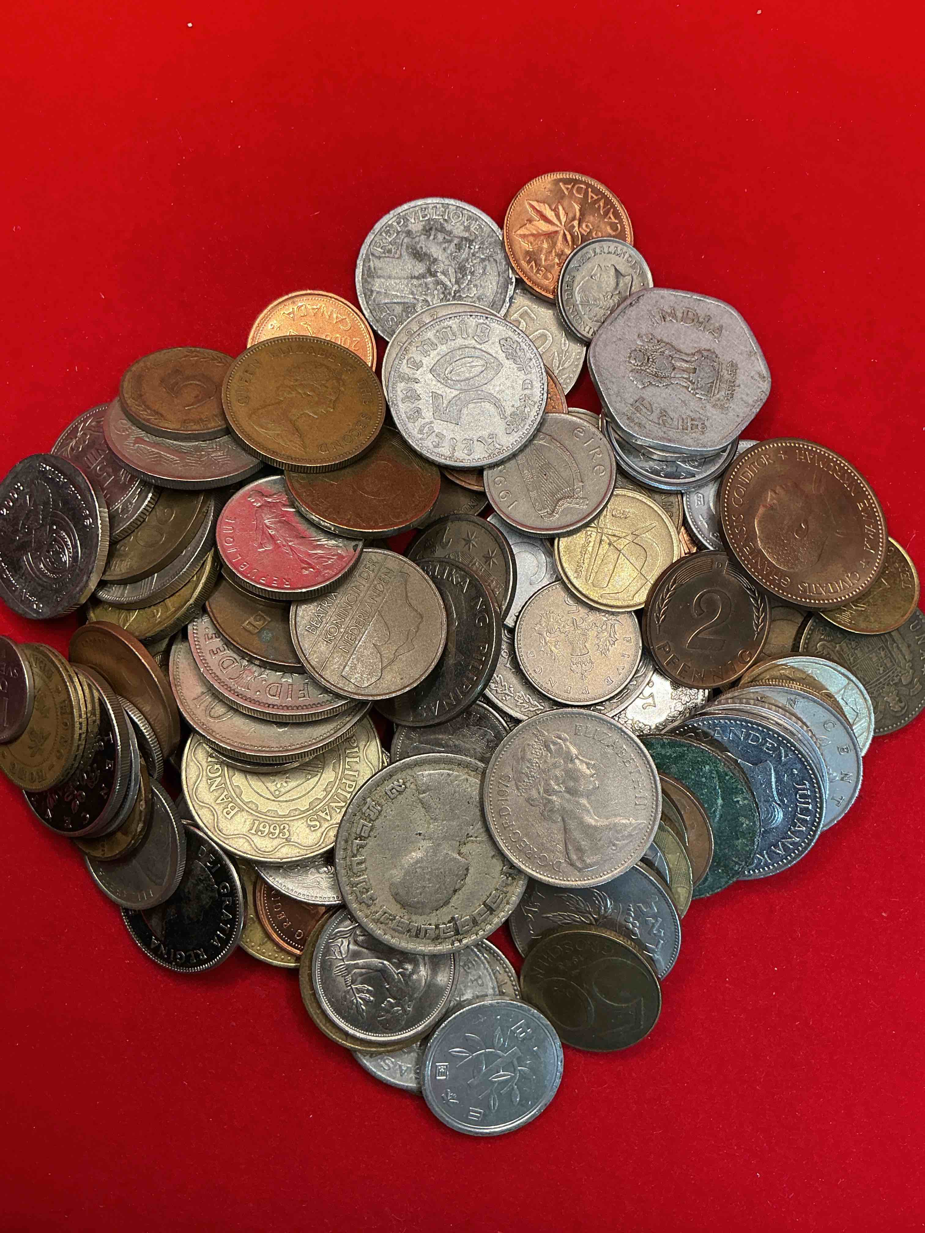 Condition photo showing Good Condition for world coins, antique & vintage! each lot is unique! many different years, countries, sizes & exotic places. this cool collection of antique coins from around the world is loads of fun! have fun identifying each coin & country as a great educational tool! a great investment too!