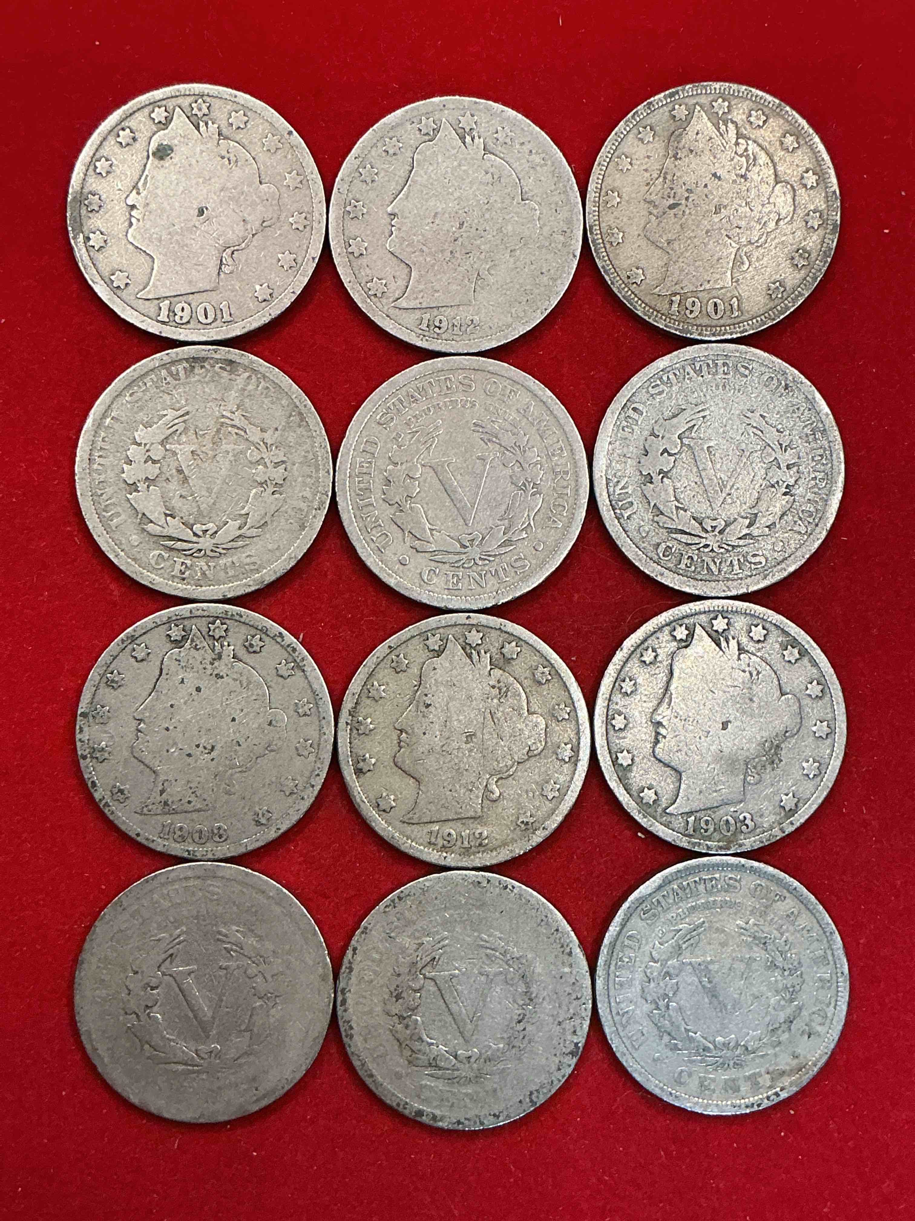 Condition photo showing Good Condition for antique u.s. v nickels! think of the history these coins have seen!, liberty head v nickels were minted up until 1913 & were the style of nickels before buffalo nickels. own some cool pieces of history! rare to see these coins with the "date on" in circulated condition!