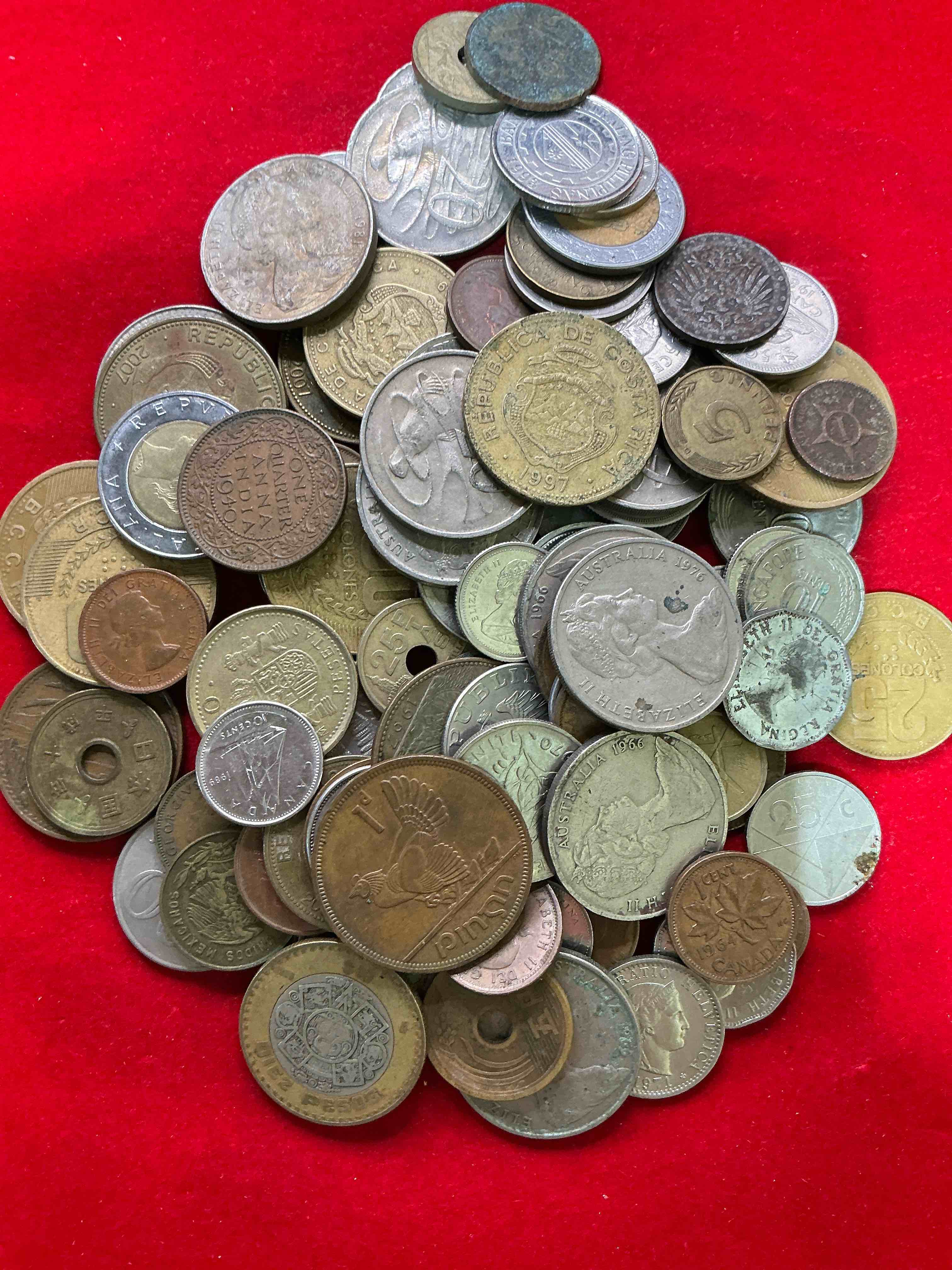 Condition photo showing Good Condition for world coins, antique & vintage! each lot is unique! many different years, countries, sizes & exotic places. this cool collection of antique coins from around the world is loads of fun! have fun identifying each coin & country as a great educational tool! a great investment too!