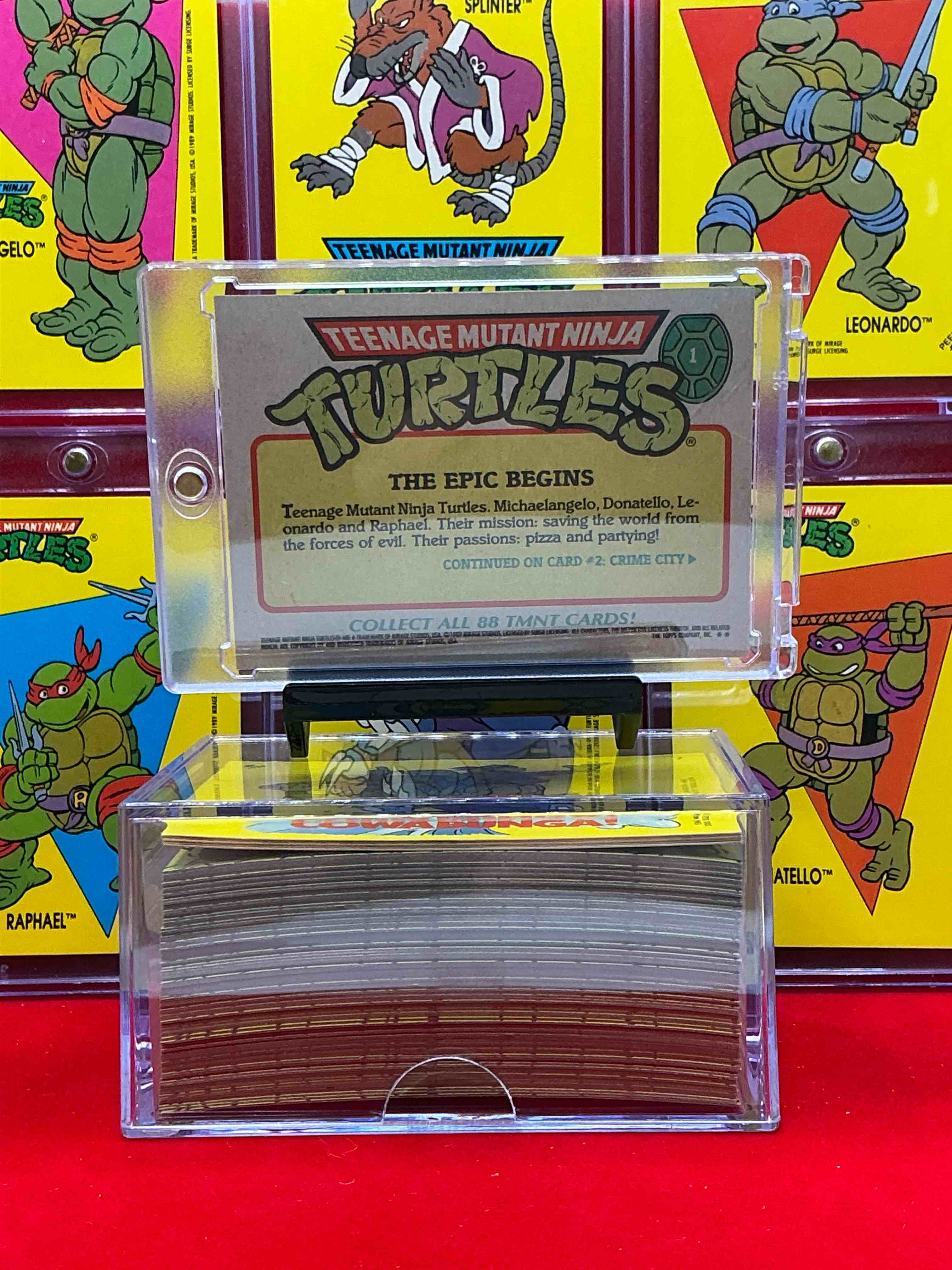 Condition photo showing New/Like New for 1989 ninja turtle wow! totally complete original, authentic teenage mutant ninja turtles complete trading card & stickers! all 88 cards & 11 stickers included, for a total qty of 99! excellent condition! your chance to own a genuine tmnt original serious collectible!