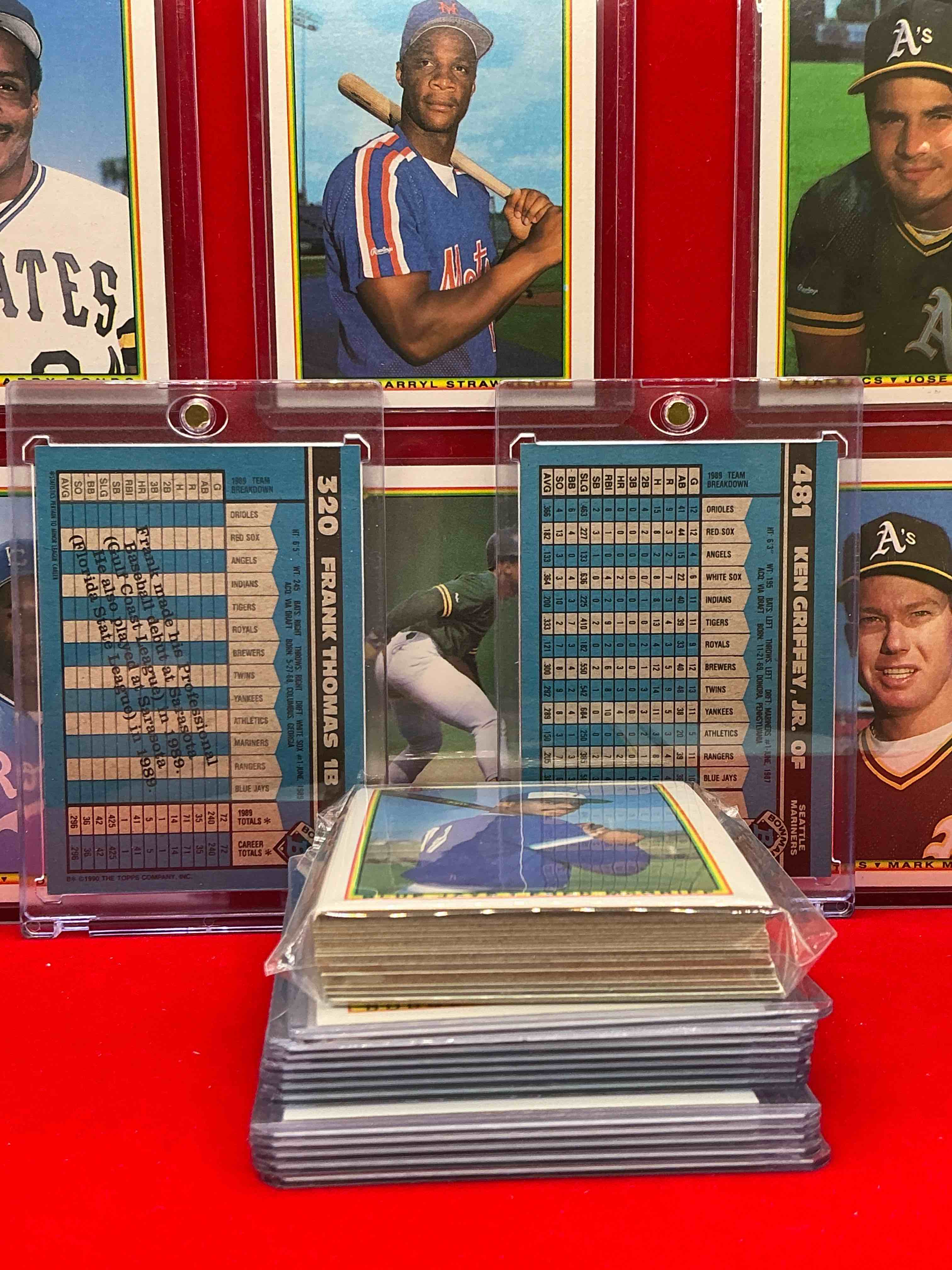 Condition photo showing New/Like New for frank thomas & ken griffey jr cards! bo jackson, barry bonds & more! 1990 bowman baseball 50 card craziness! bo jackson, barry bonds, kirby puckett, rickey henderson, don mattingly, wade boggs, fernando valenzuela, nolan ryan & more! the best players from the time! super rare set with all of these stars! 50 card craziness! legends, heroes & commons!