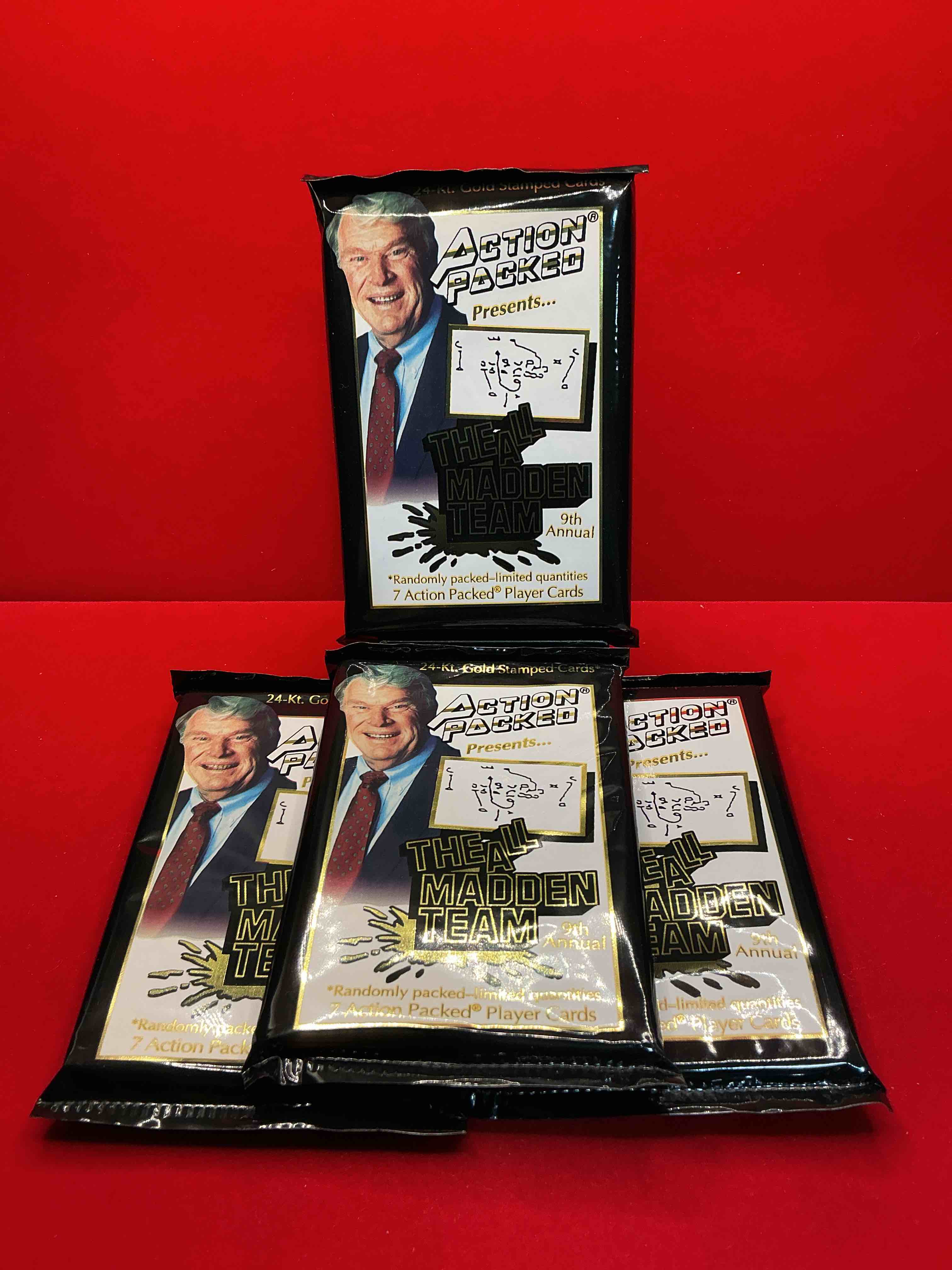 1993 nfl action packed! guaranteed star card inside! possible 24k gold leaf cards! awesome nfl packs, unopened direct from original sealed retail case! ! search for stars, michael irvin, jerry rice, joe montana, bo jackson, barry sanders & more!