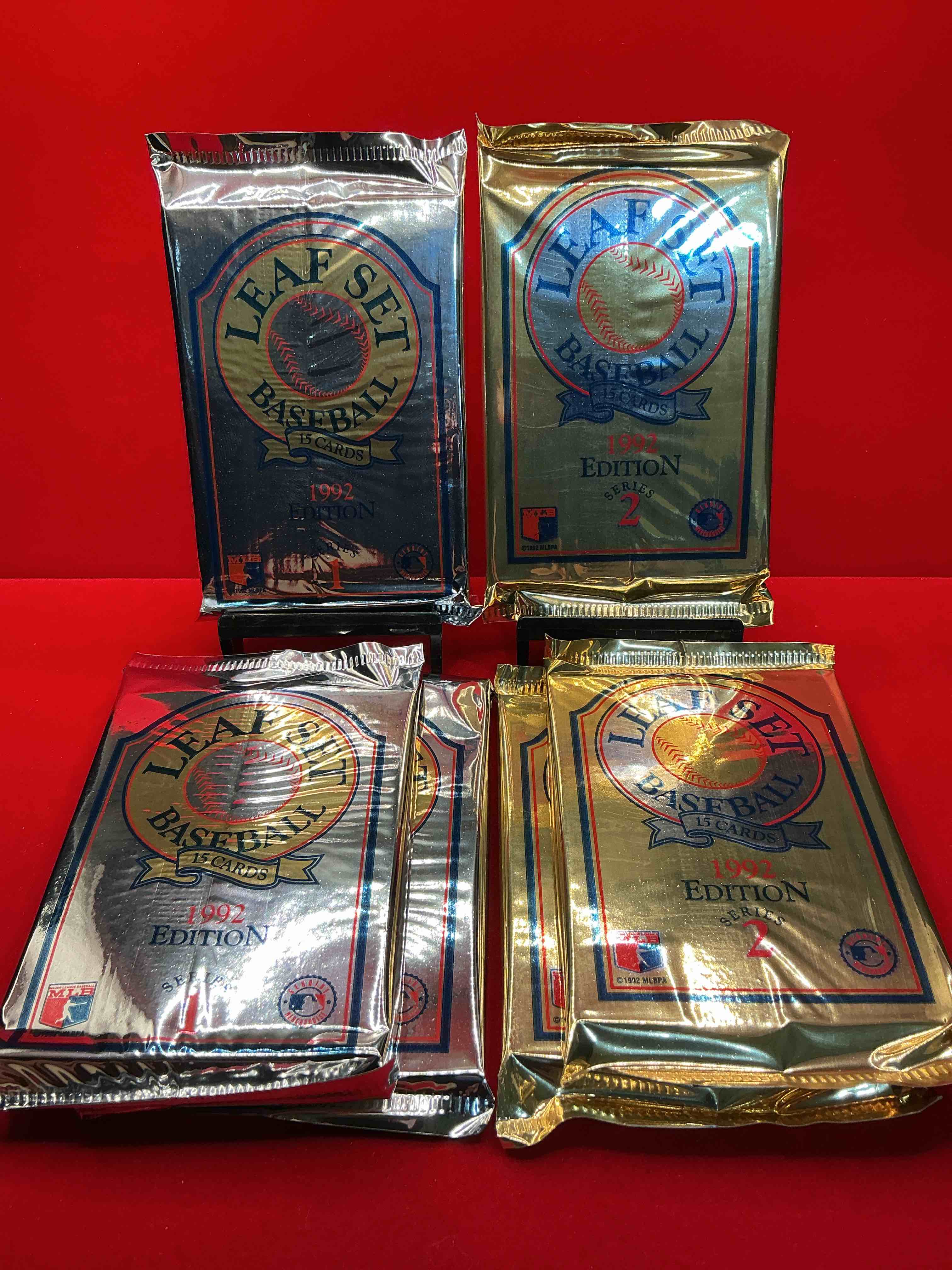 1992 leaf set baseball series 1 & 2 edition! gold leaf rookie cards #1-12 randomly inserted in series 1; cards #13-24 are randomly inserted in series 2! search for the biggest names in 90’s baseball!!