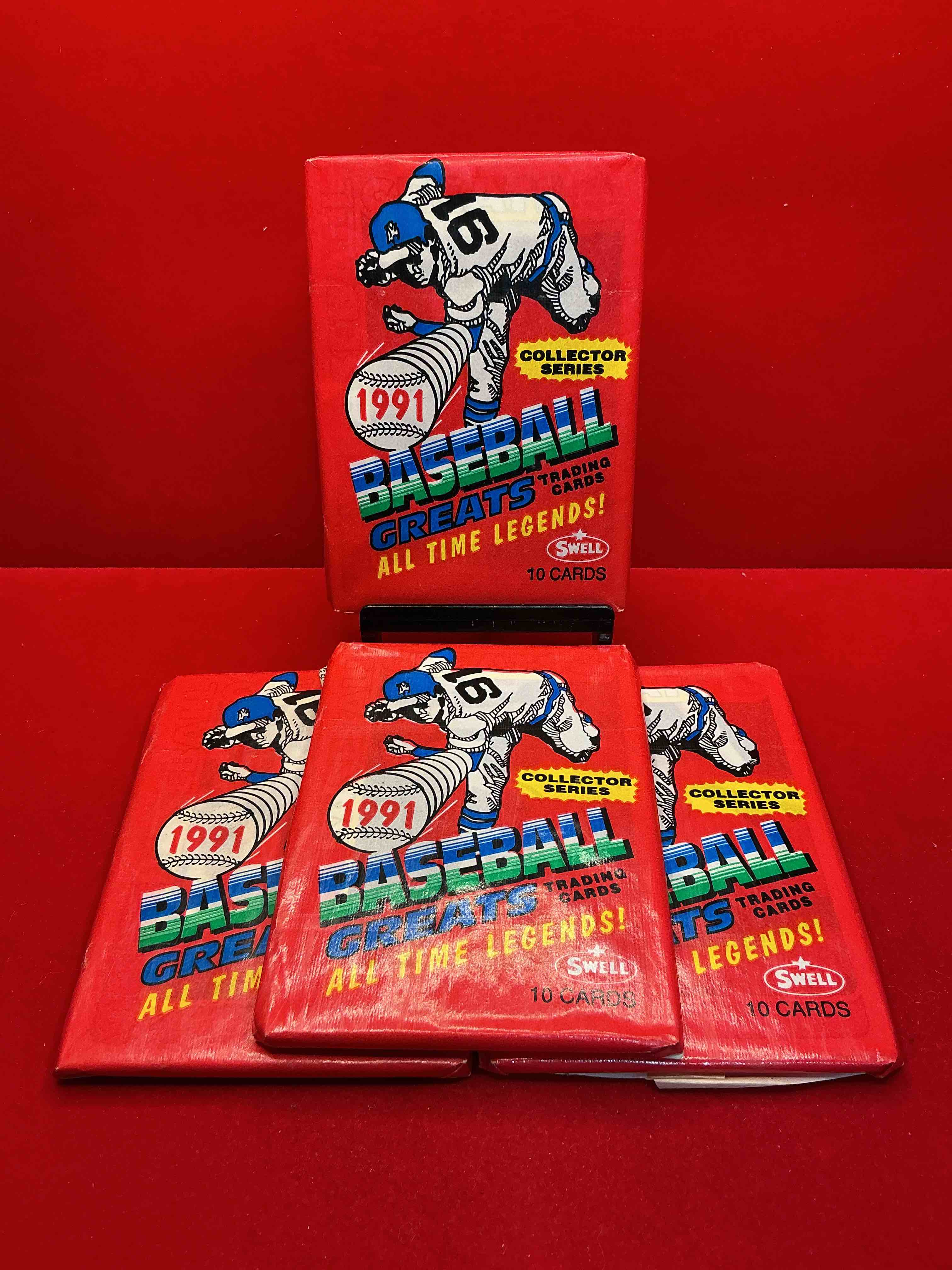 babe ruth!? willie mays!? wow! 1991 swell baseball greats! unopened packs direct from original retail case! look for legendary cards featuring lou gehrig, ted williams, yogi berra, lou brock & more! “baseball greats… all time legends” packs! wow! collector series!