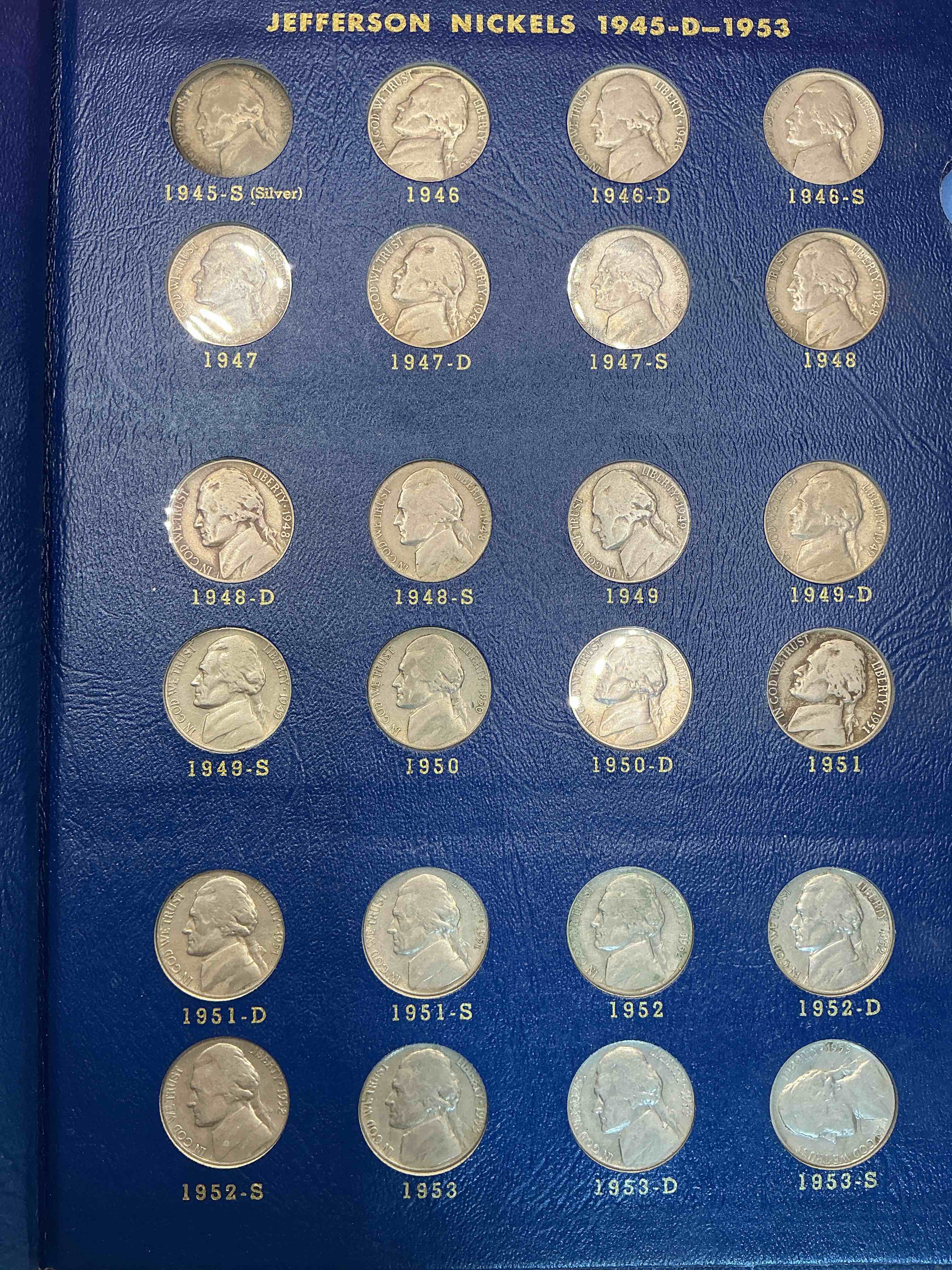 Condition photo showing Good Condition for jefferson nickel collection, includes silver! wow! bid is per nickel, 66 total nickels! jefferson nickels were minted from 1938 to 1961, up for bid is one each of every nickel ever produced! collection includes eleven world war 2 era partial silver nickels & ultra rare 1950d nickel! includes holding case for all 66 nickels! bid is per each nickel. this collection nearly impossible to collect!