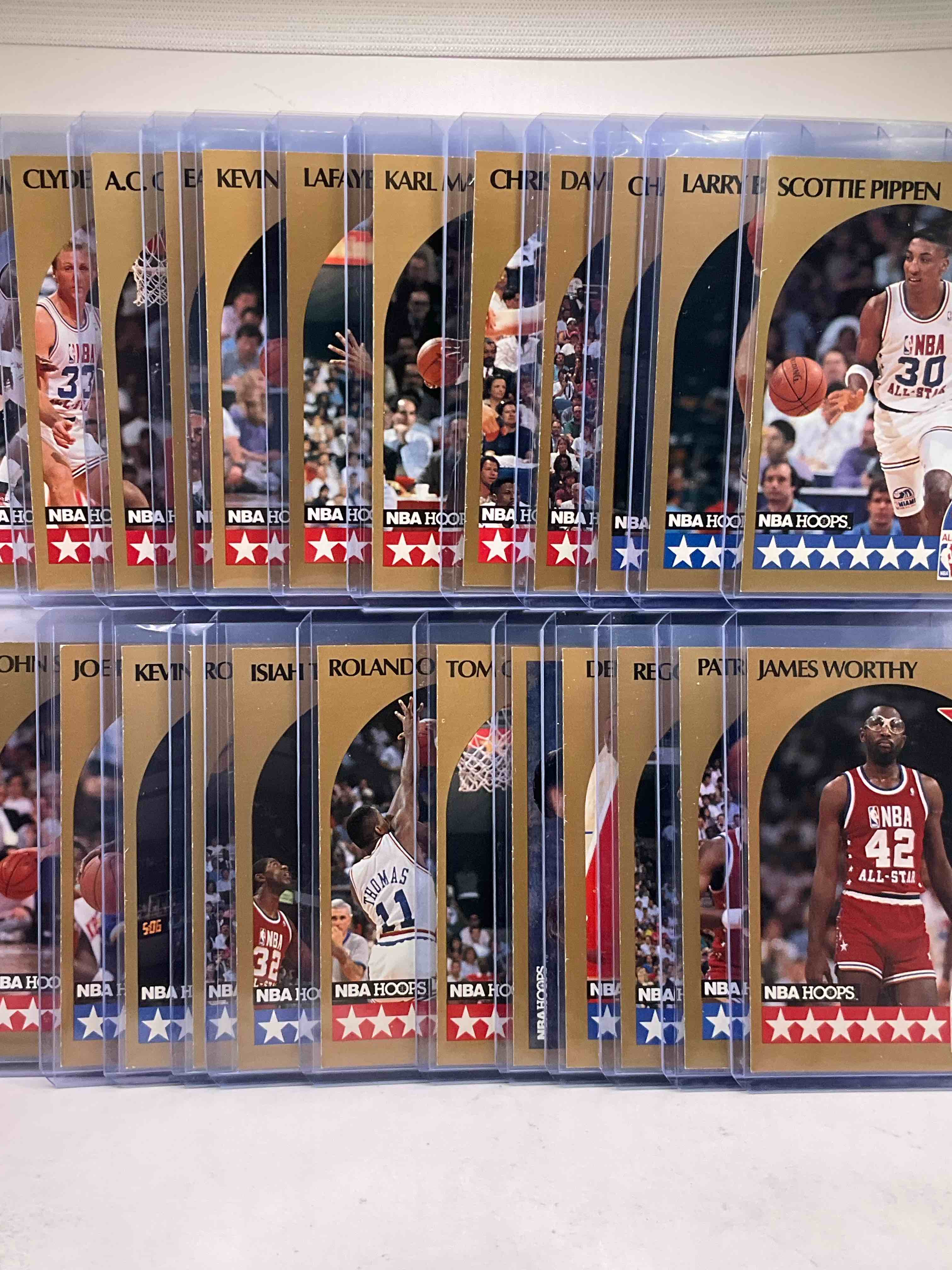 nba insanity! 1990 all star nba hoops cards! michael jordan, larry bird, magic johnson, dominque wilkins, hakeem olajuwon, pippen, barkley, malone, drexler, stockton & more! wow! basketball card lot!