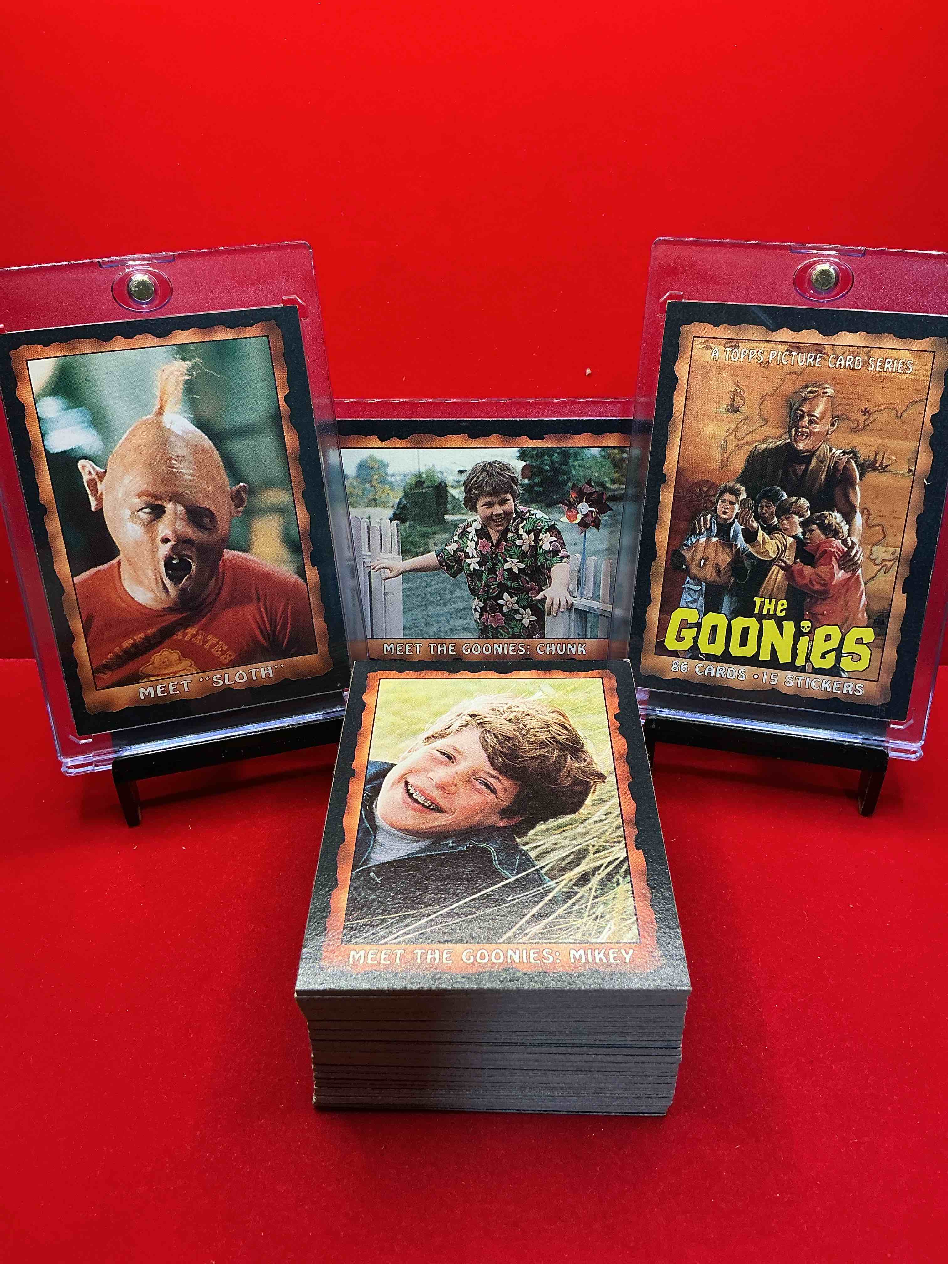 1985 goonies wow! complete, original & authentic “goonies” movie trading card collection, all 86 cards included! excellent condition! this is a serious pop culture collectible, ultra rare complete & in this great condition! your chance to own a little “piece of the 80’s” & have some collectible fun with chunk, sloth & the rest of the gang!