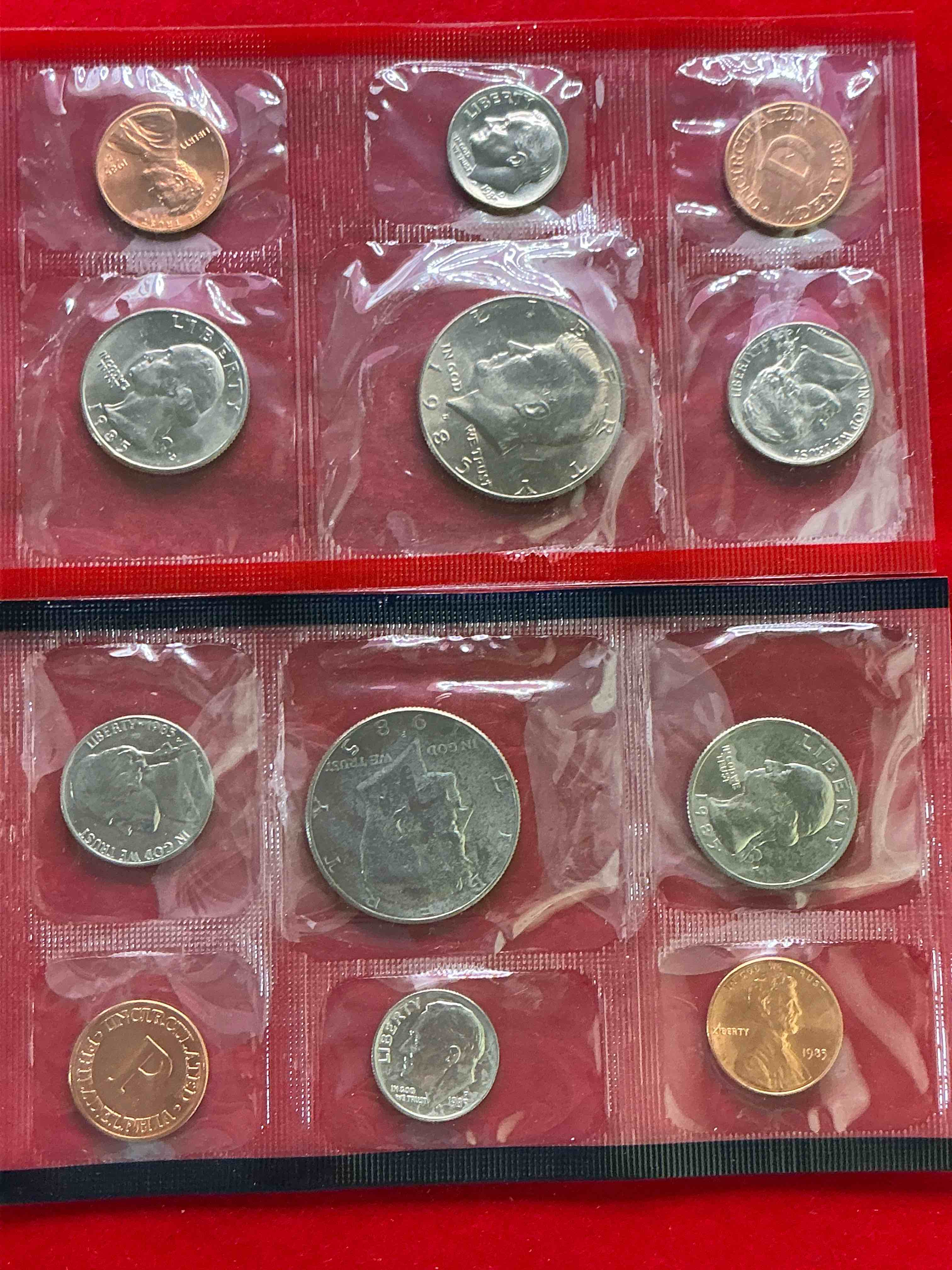 1985 uncirculated philadelphia & denver 12 coin mint combo! these beautiful, uncirculated coins are rare pieces of history! 1985 dimes, pennies half dollars, nickels & quarters!