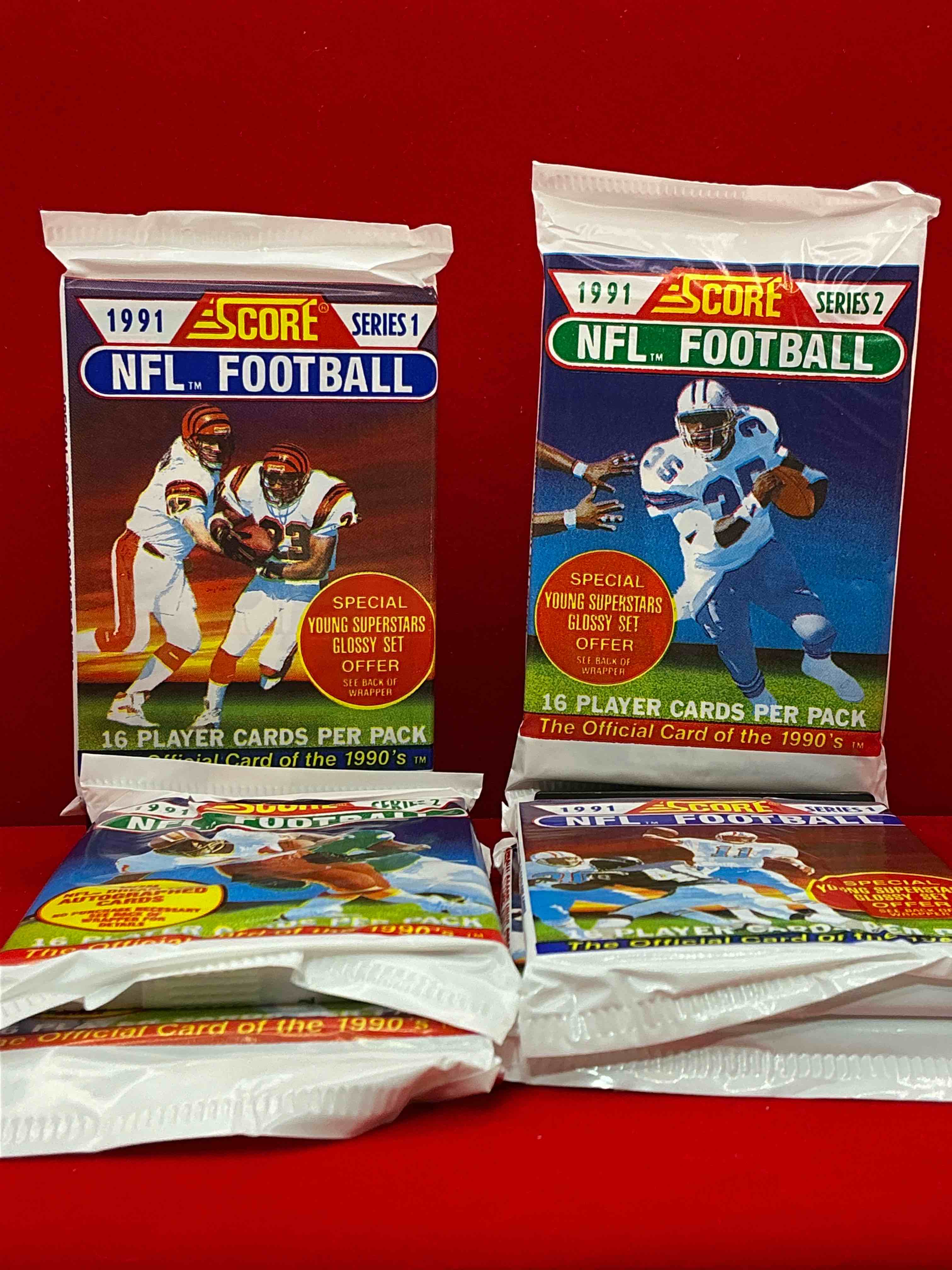 1991 nfl score football sealed card packs series i & ii direct from original retail case! these cards are sought after by collectors for their awesome, nostalgic look. search for brett favre rookie, early jerry rice, early emmit smith, joe montana & so much more!