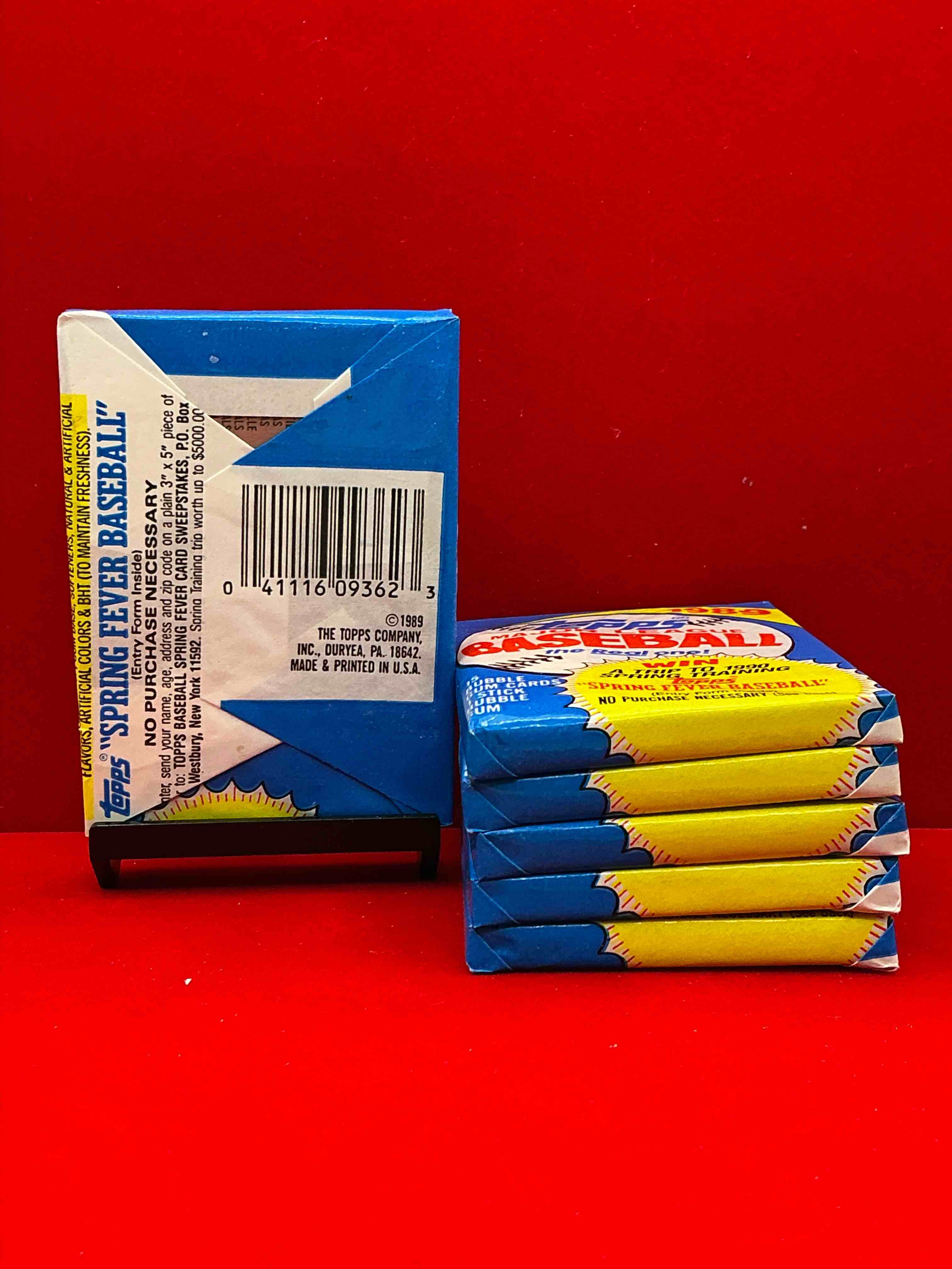 Condition photo showing New/Like New for john smoltz & randy johnson rookies!? 1989 topps baseball unopened sports card wax packs! direct from original retail case! search for valuable ken griffey jr. & randy johnson rookie cards as well as valuable bo jackson