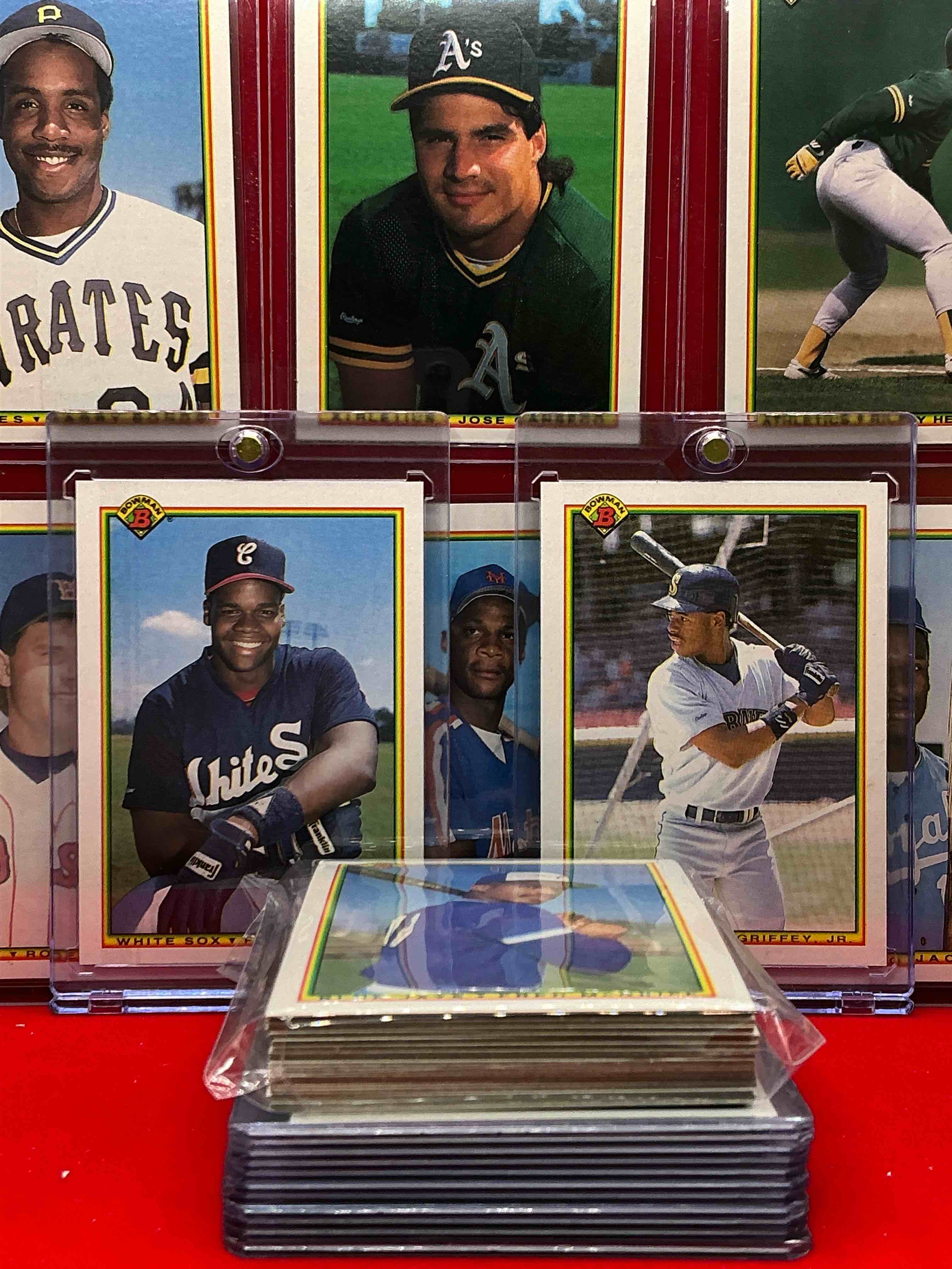 Condition photo showing New/Like New for frank thomas & ken griffey jr cards! bo jackson, barry bonds & more! 1990 bowman baseball 50 card craziness! bo jackson, barry bonds, kirby puckett, rickey henderson, don mattingly, wade boggs, fernando valenzuela, nolan ryan & more! the best players from the time! super rare set with all of these stars! 50 card craziness! legends, heroes & commons!