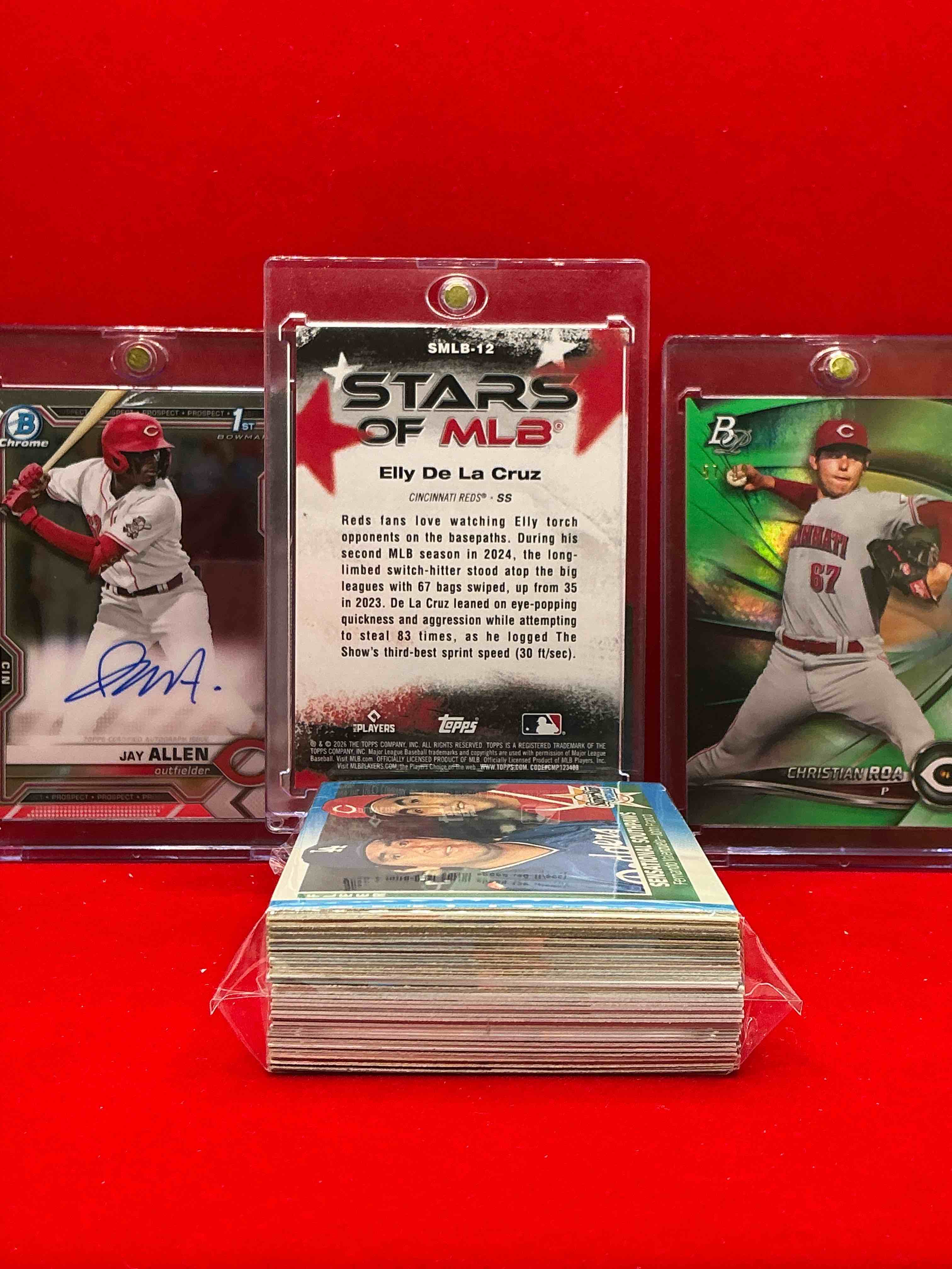 Condition photo showing New/Like New for elly de la cruz, christian roa bowman /99 & jay allen on card autograph! wow! insane cincinnati reds lot! vintage & new reds, commons & legends! 50 card craziness!