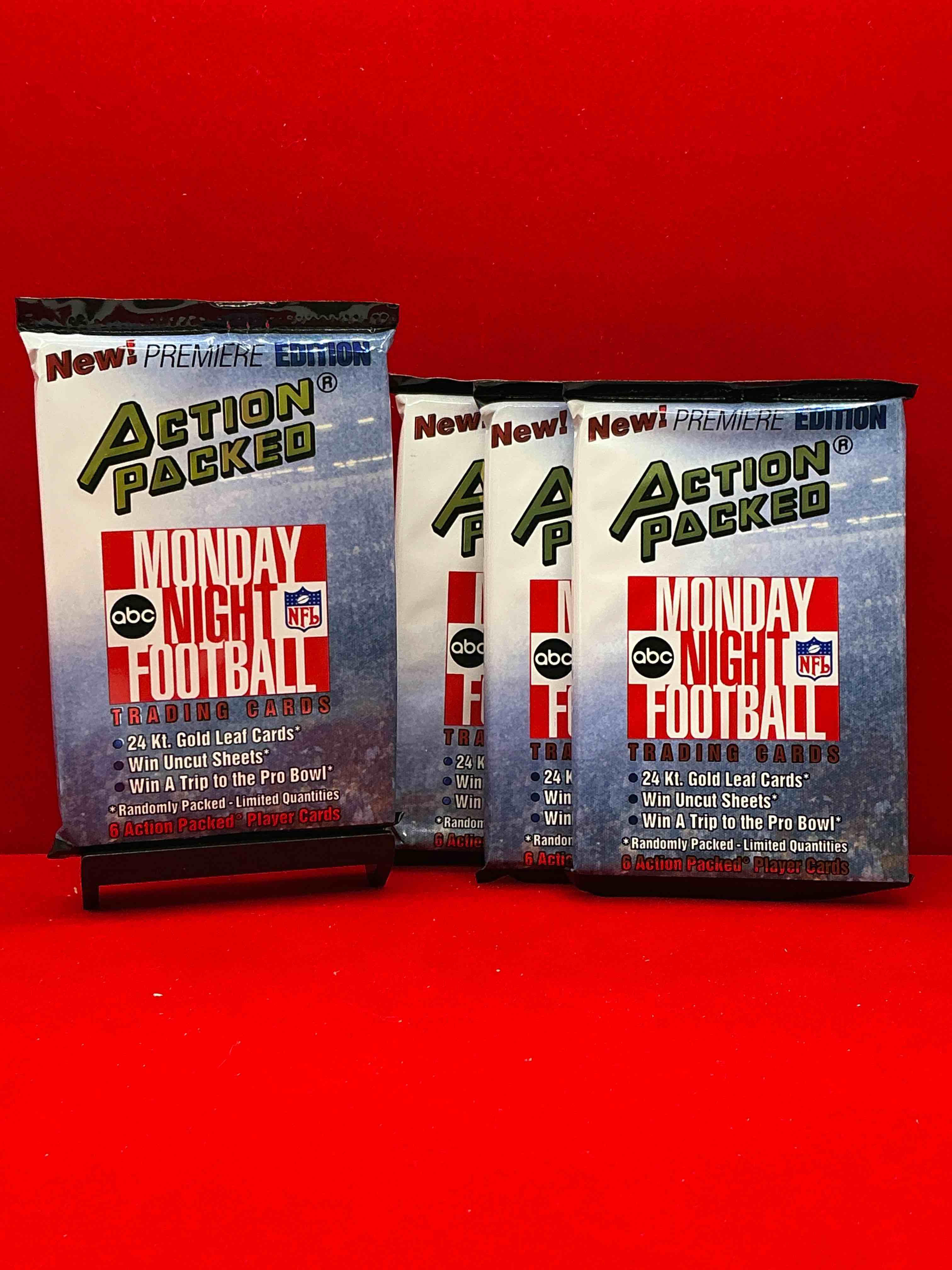 monday night football! rare edition! 1993 nfl action packed! guaranteed star card inside! possible 24k gold leaf cards! awesome nfl packs! search for stars, michael irvin, jerry rice, joe montana, bo jackson, barry sanders & more!