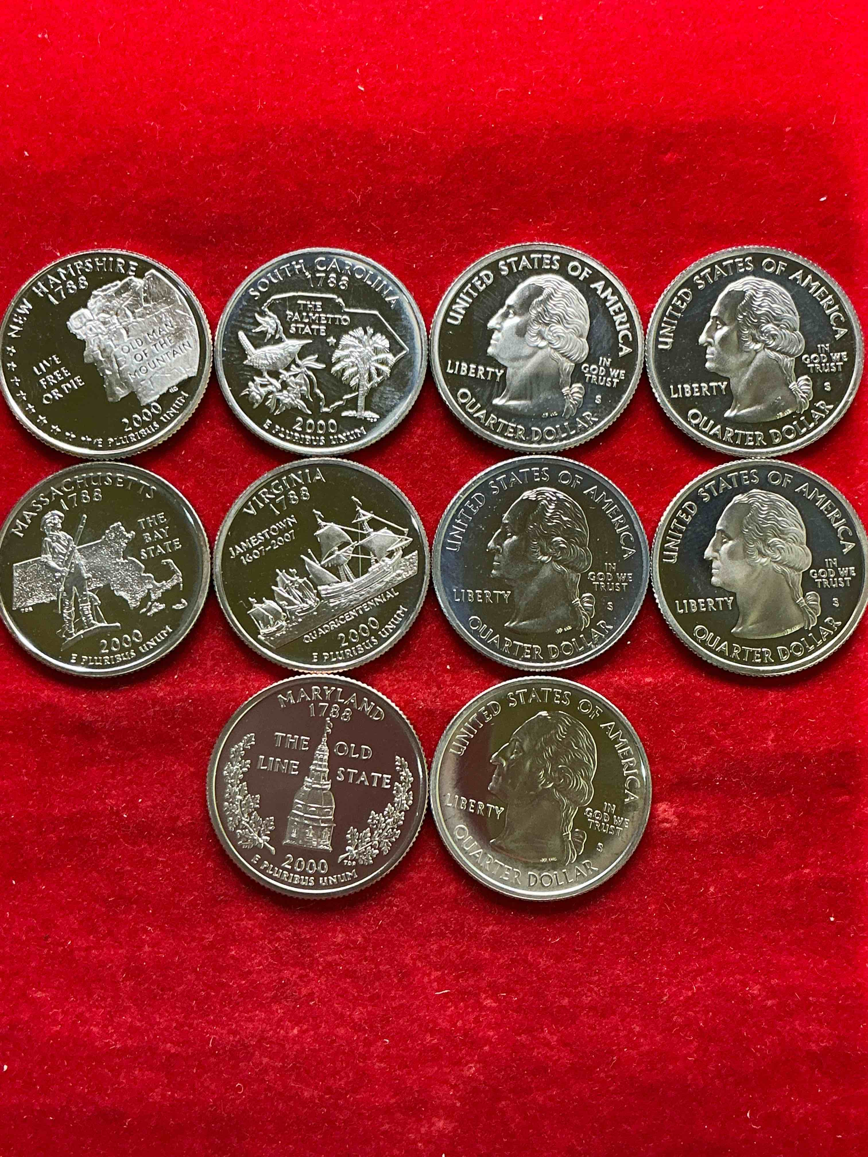 proof quarters, year 2000!  a great collection of various proof state quarters from year 2000, uncirculated proof condition!  these quarters are gorgeous & a serious collector items!  