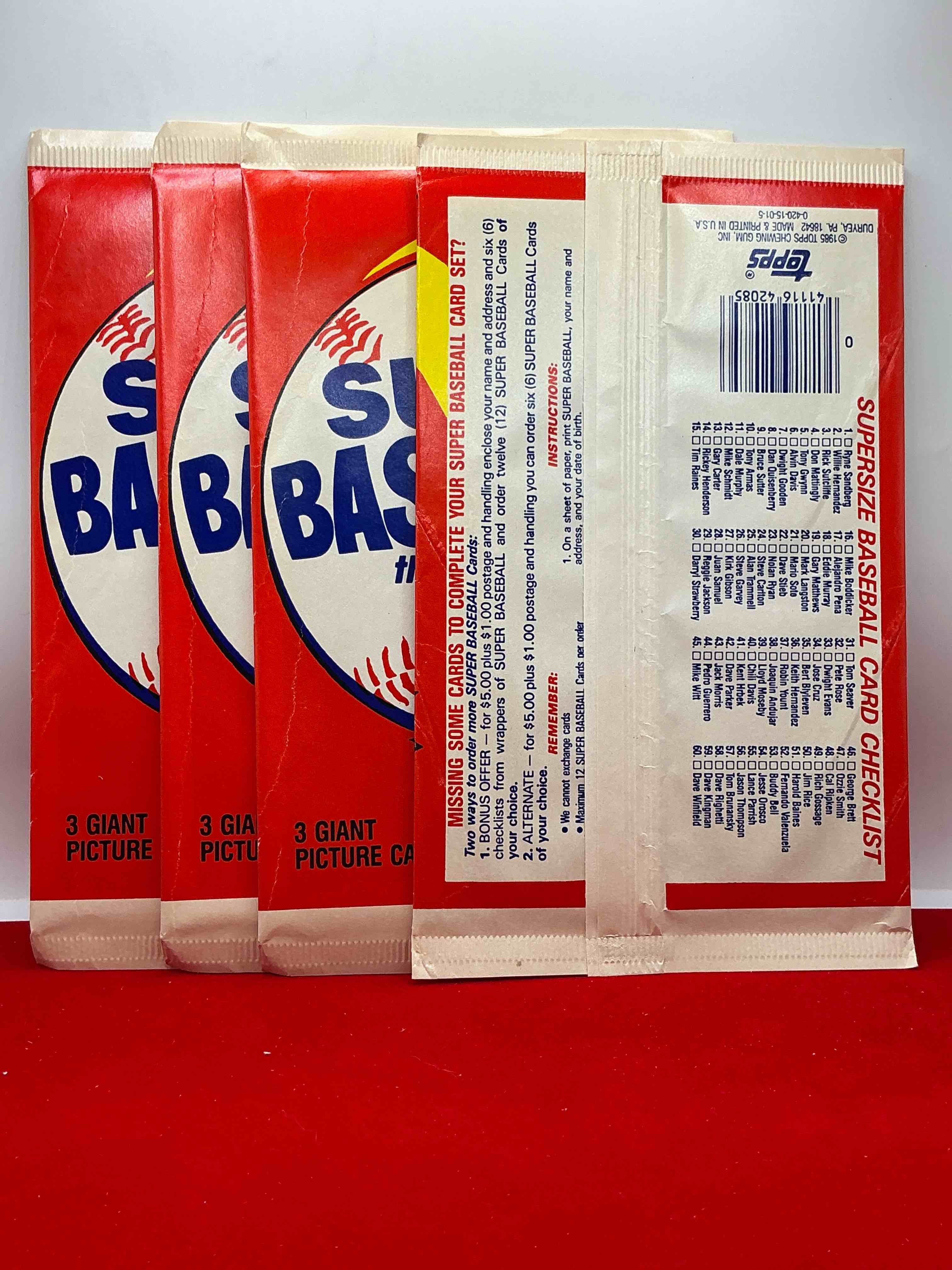 Condition photo showing New/Like New for topps super baseball 1985 baseball cards! 1985 baseball cards are super rare & cool! 3 giant picture card per pack… which baseball legends can you pull!?