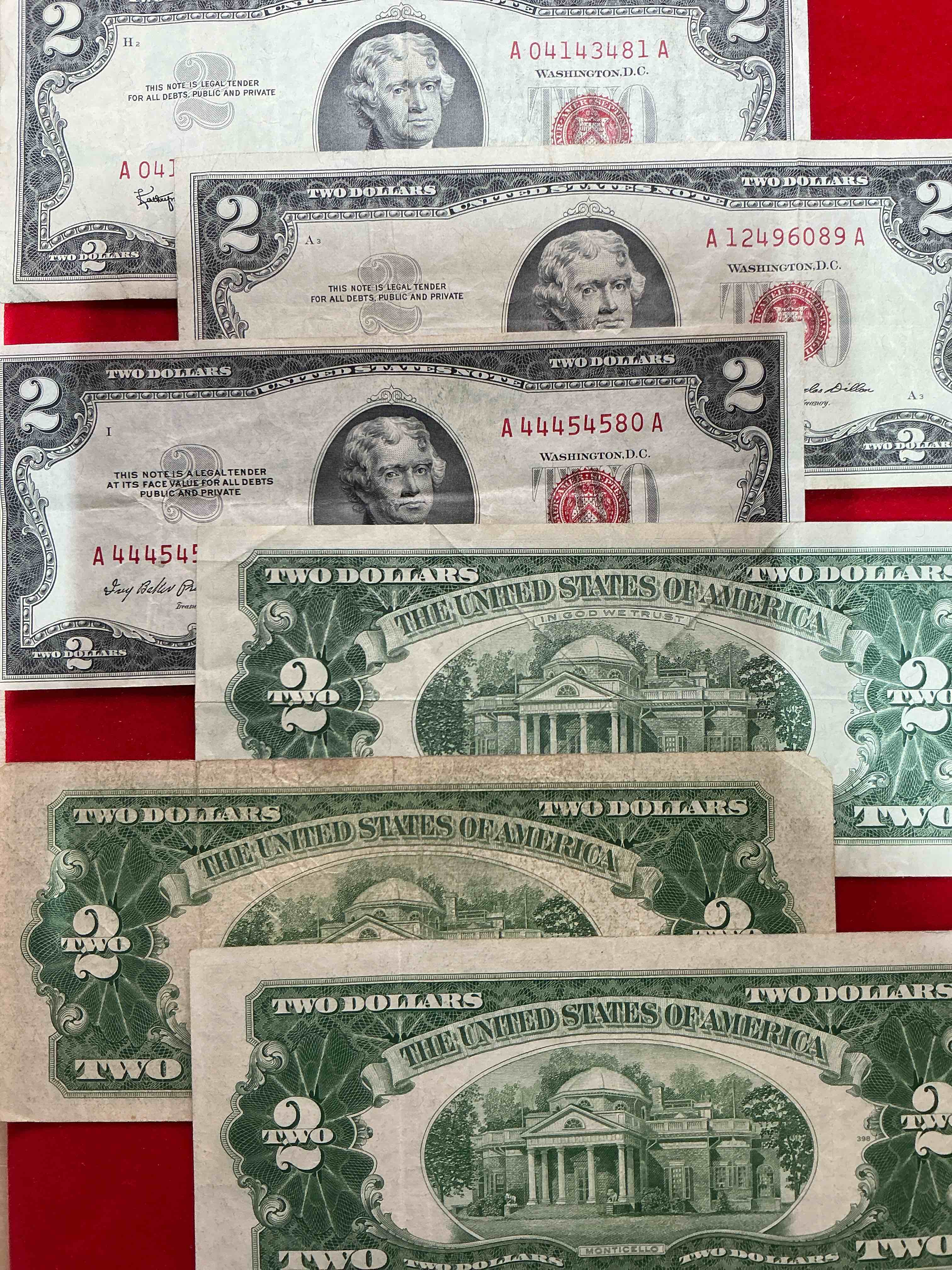 rare red seal two dollar bills! 1953 & 1963 edition paper money! check out these rare bills, perfect addition to any collection!
