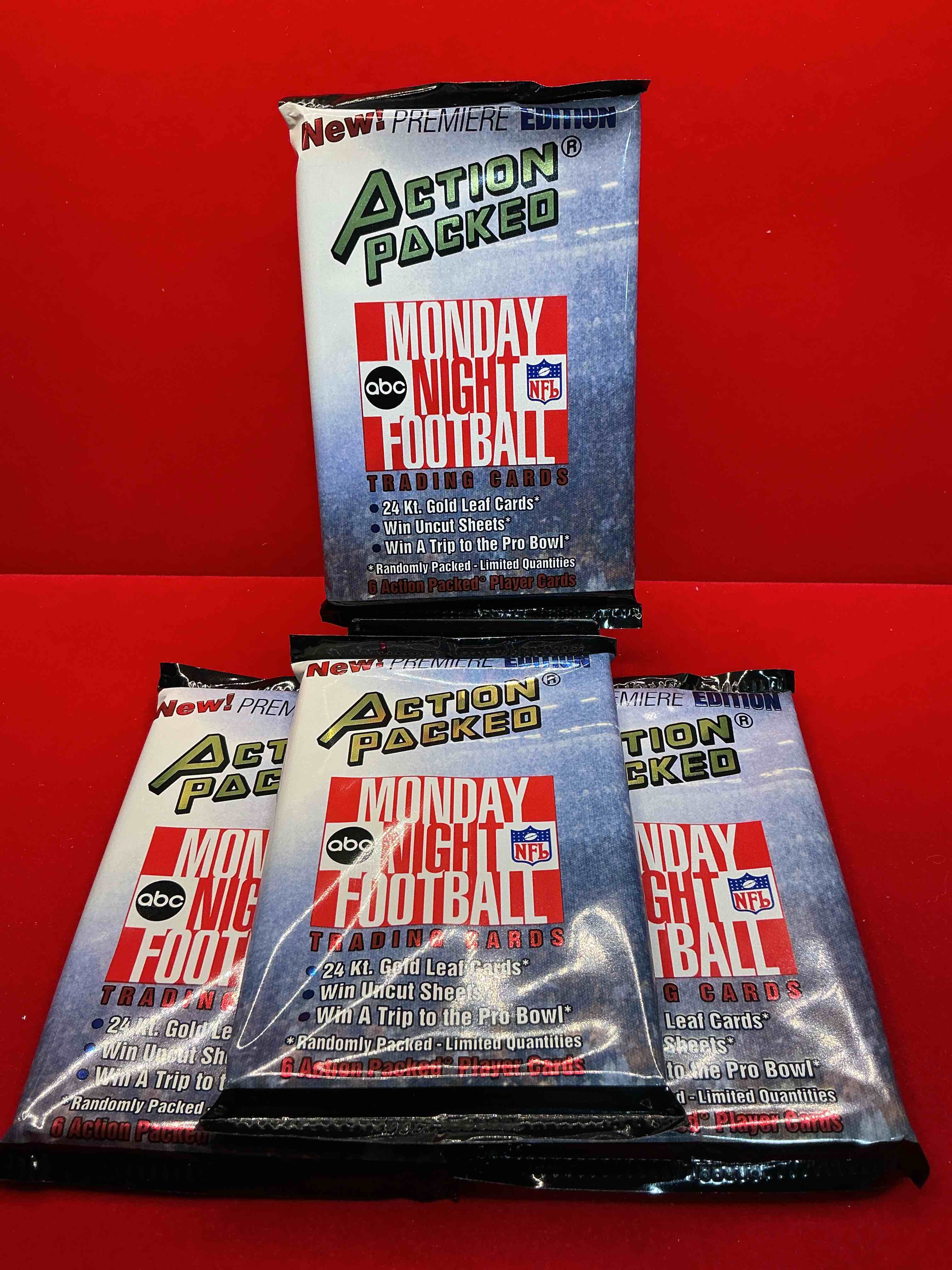 monday night football! rare edition! 1993 nfl action packed! guaranteed star card inside! possible 24k gold leaf cards! awesome nfl packs! search for stars, michael irvin, jerry rice, joe montana, bo jackson, barry sanders & more!