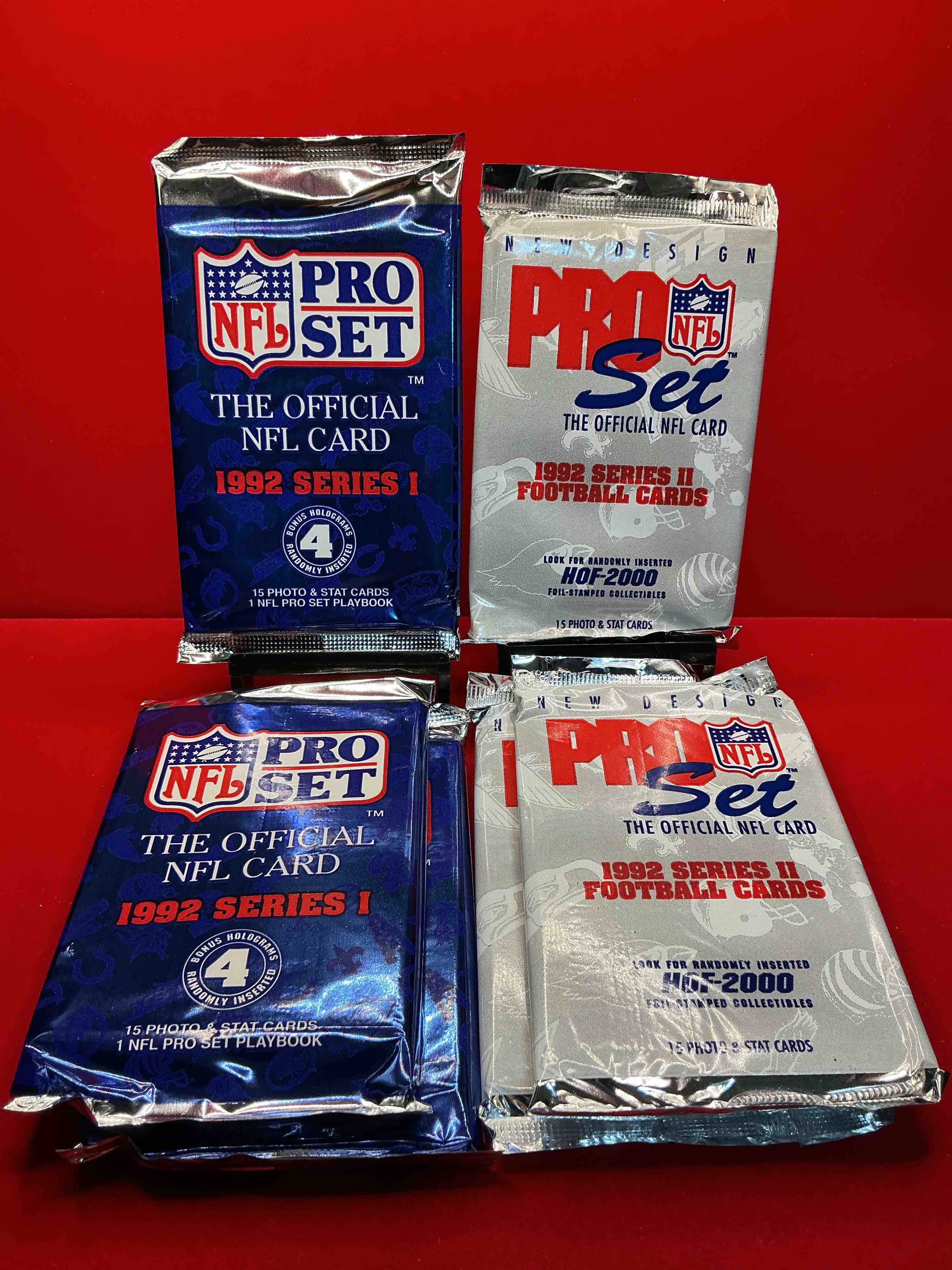 nfl pro set! wow! 1992 series i & ii football cards! possible rice, montana, elway, sanders, jackson & more! search for limited edition randomly inserted hof 2000 stamped collectibles!
