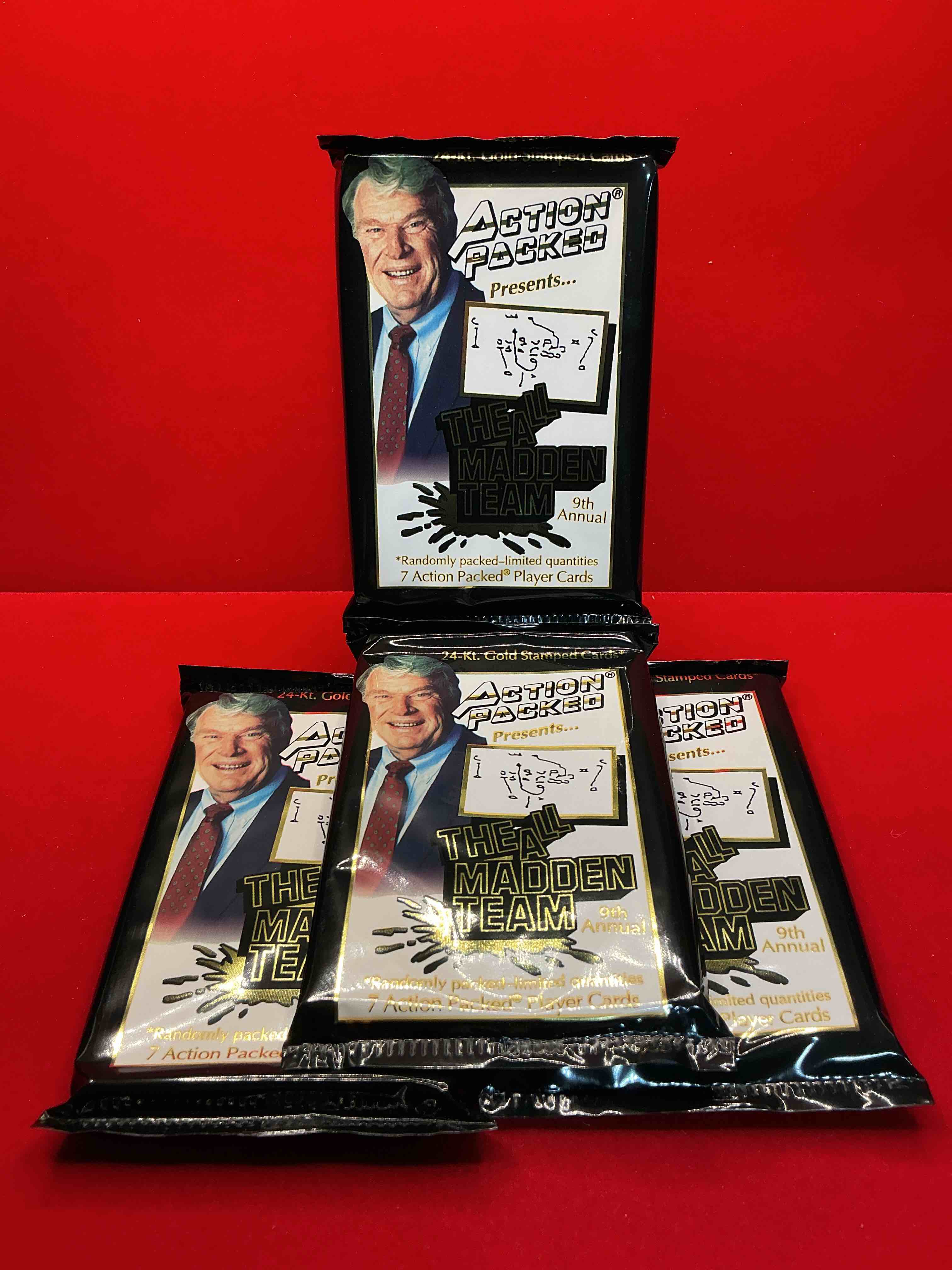 1993 nfl action packed! guaranteed star card inside! possible 24k gold leaf cards! awesome nfl packs! search for stars, michael irvin, jerry rice, joe montana, bo jackson, barry sanders & more!