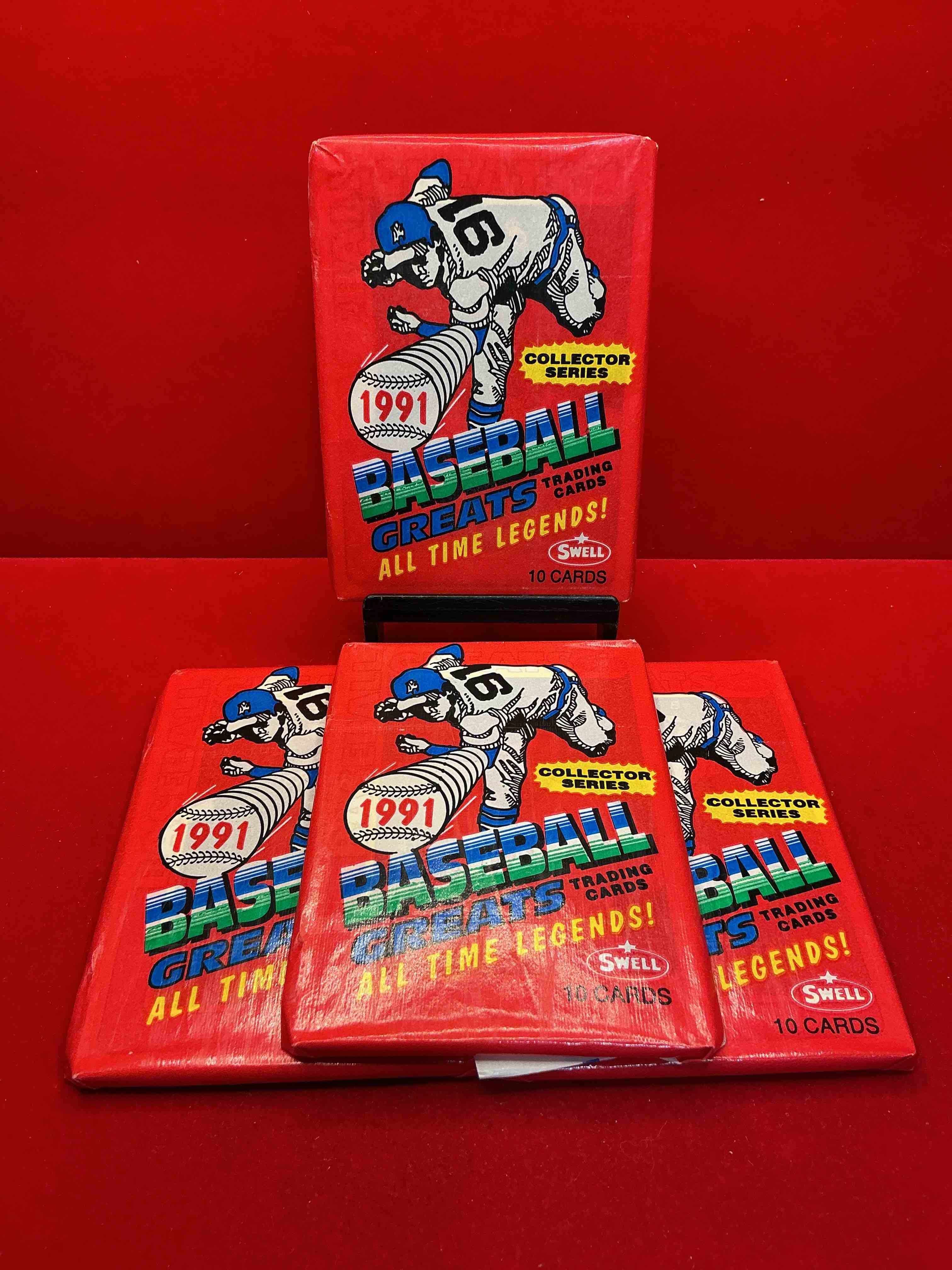 babe ruth!? willie mays!? wow! 1991 baseball greats! look for legendary cards featuring lou gehrig, ted williams, yogi berra, lou brock & more! “baseball greats… all time legends” packs! wow! collector series!