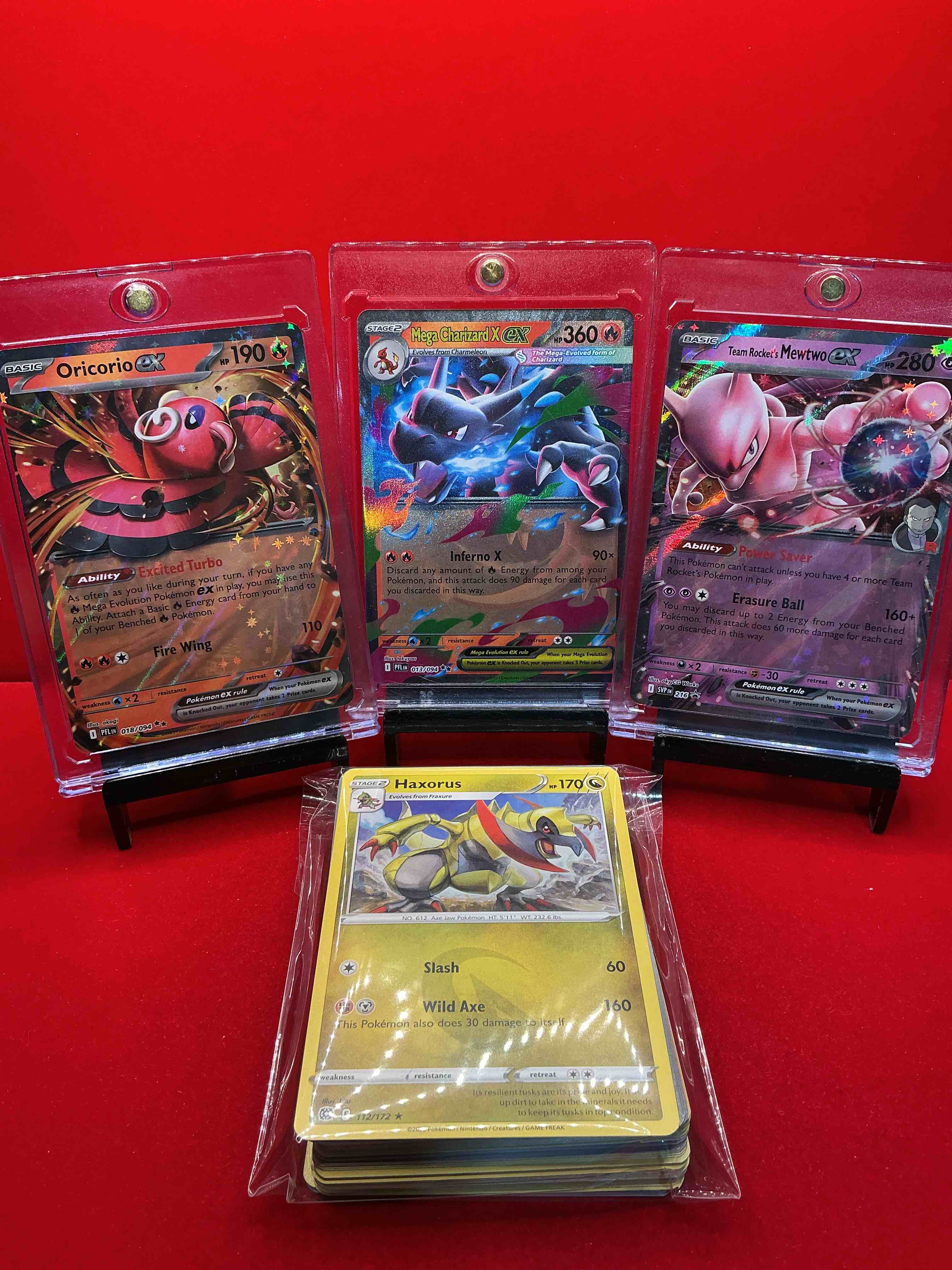 pokémon pack! mega charizard x ex! mewtwo ex! oricorio ex! along with 50 other pokémon heroes, holos, legends & commons- including holographic cards, stage 2 card, holos in many forms & more! also includes non holo common/ uncommon basic & first stage cards & maybe even trainers & energy too! perfect set for collectors & enthusiasts!