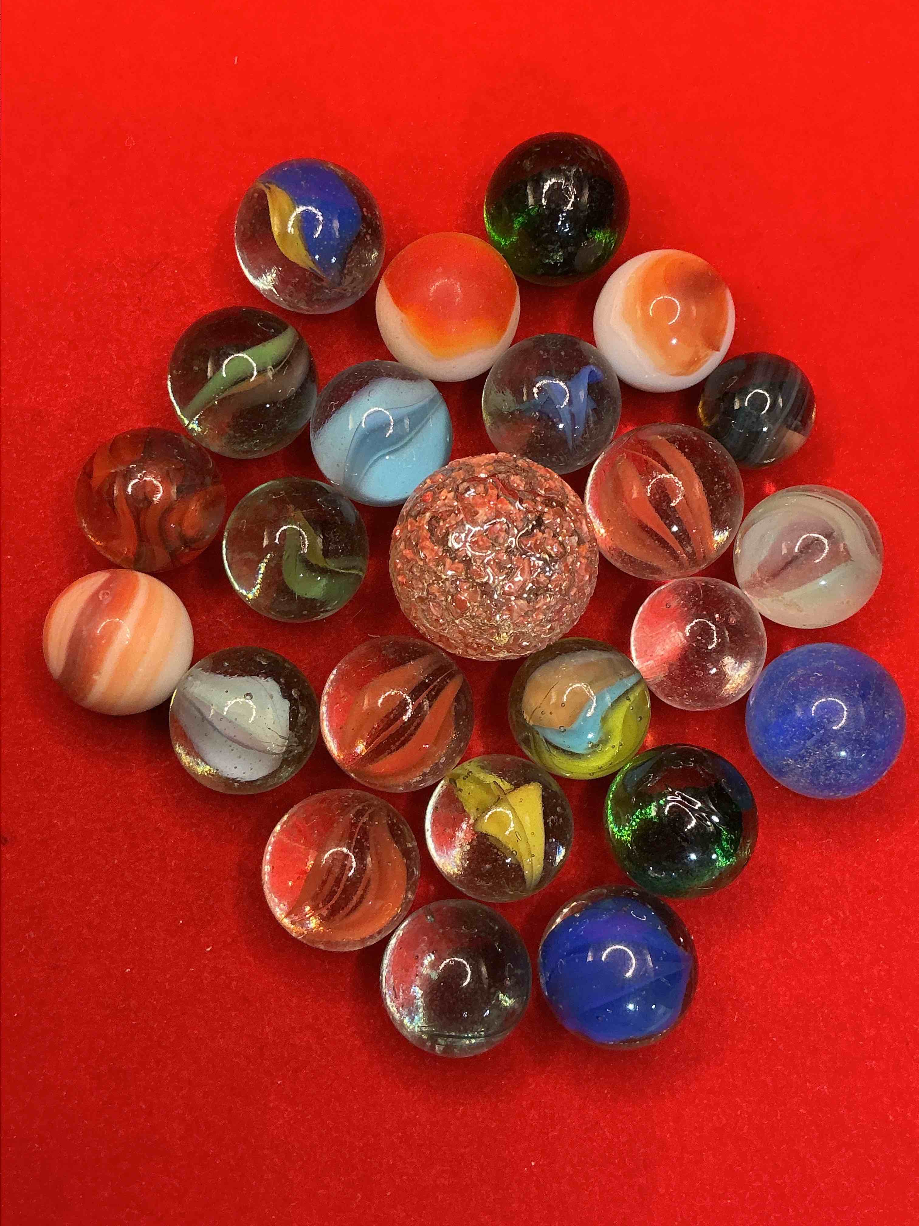 Condition photo showing Good Condition for antique glass marbles! genuine stunning marbles lot, some marbles made between the years 1925-1965 & some may be made with uranium! some may are great depression era & even earlier! gorgeous, authentic pieces of history!