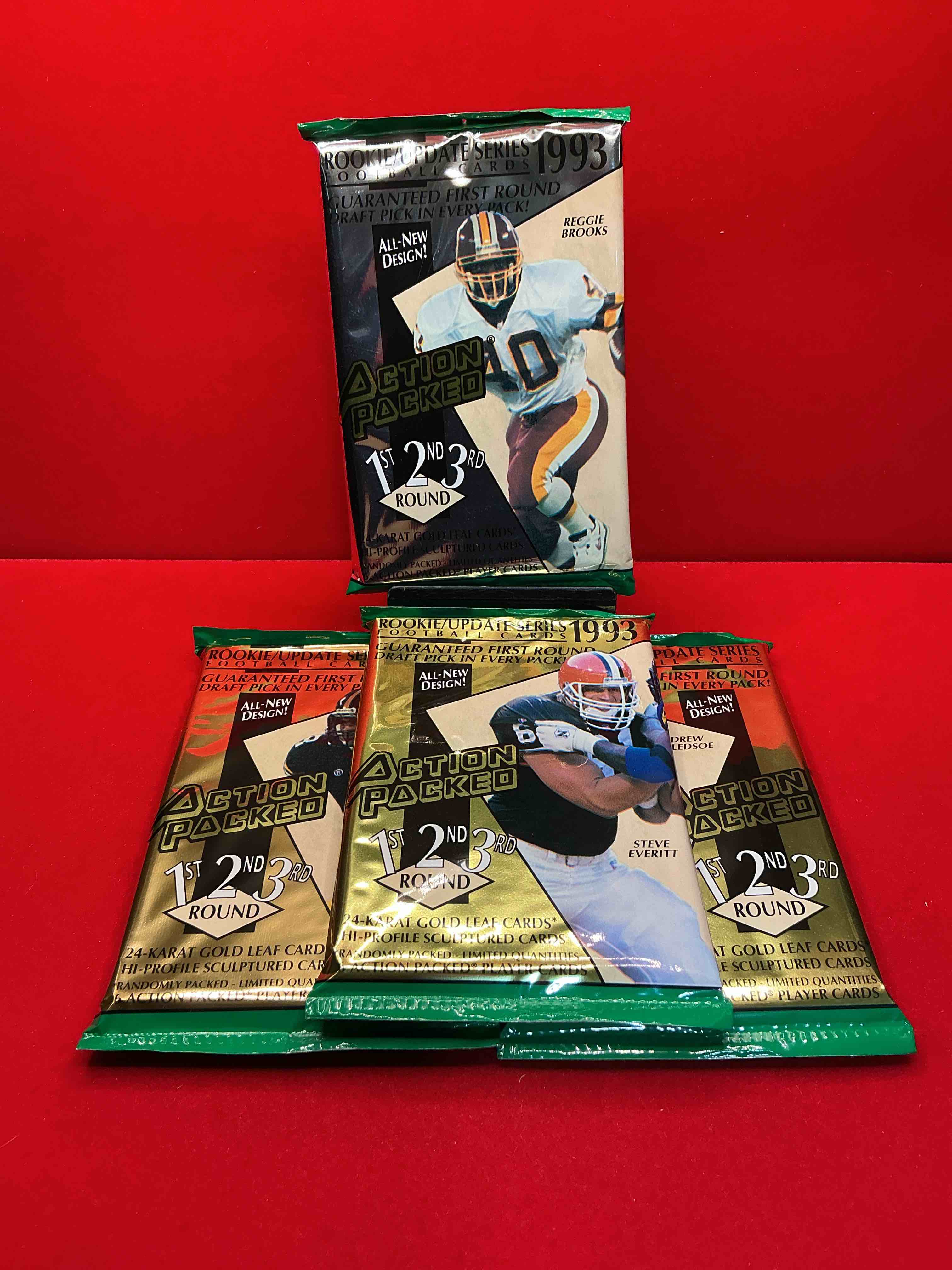 1993 nfl action packed rookie update series! guaranteed star card inside! possible 24k gold leaf cards! awesome nfl packs! search for stars, michael irvin, jerry rice, joe montana, bo jackson, barry sanders & more!