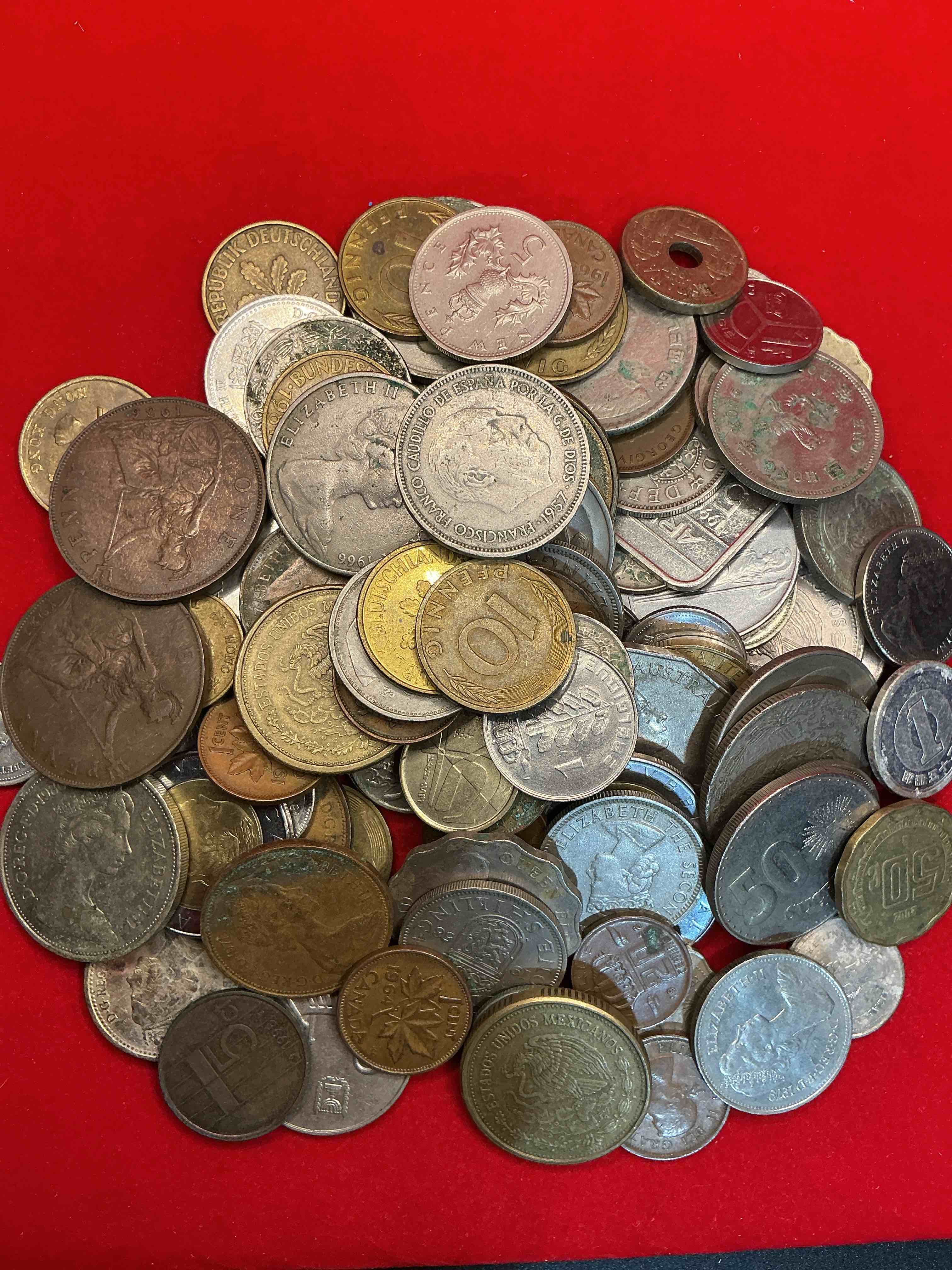 Condition photo showing Good Condition for world coins, antique & vintage! each lot is unique! many different years, countries, sizes & exotic places. this cool collection of antique coins from around the world is loads of fun! have fun identifying each coin & country as a great educational tool! a great investment too!