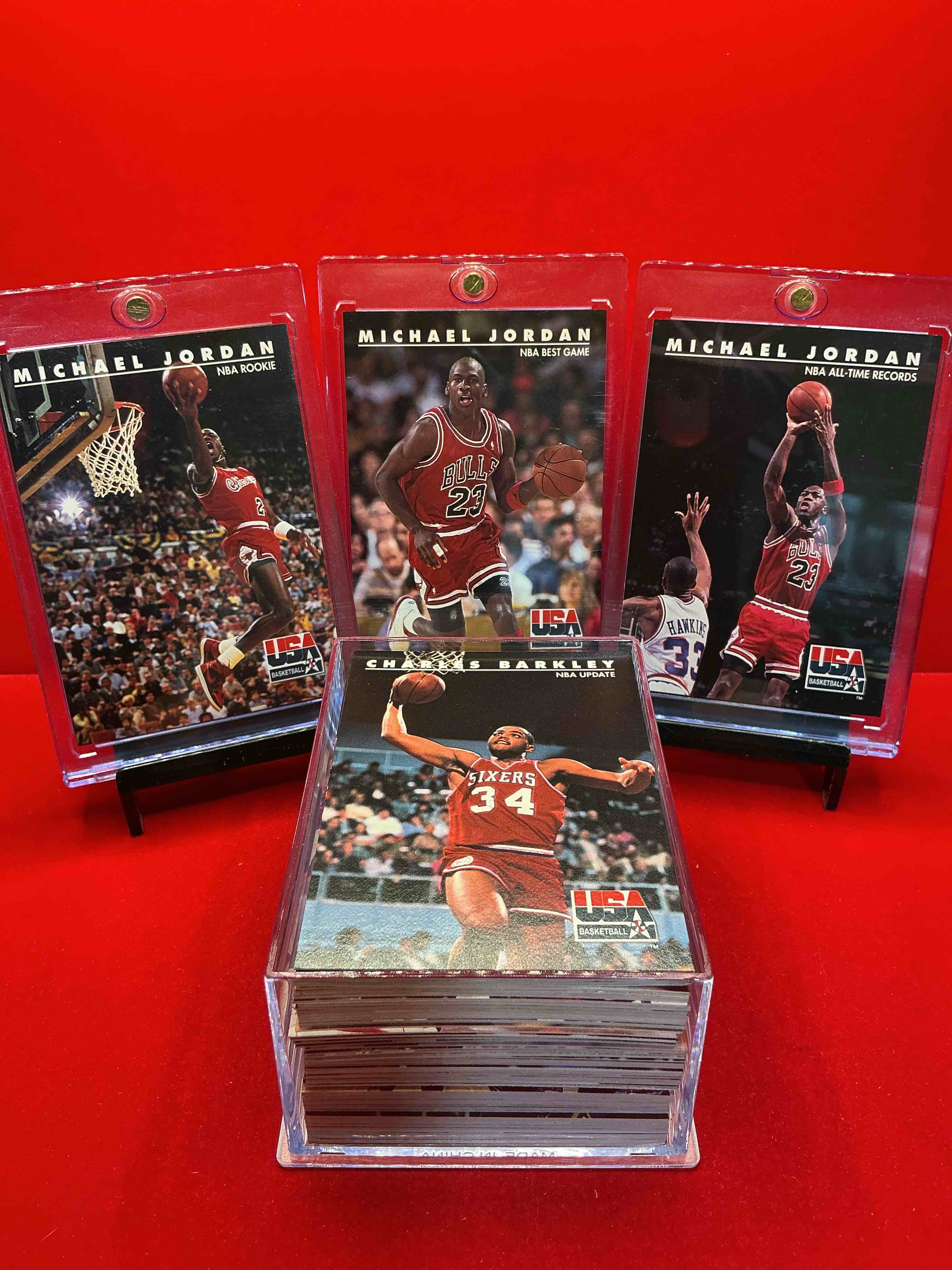 extremely coveted michael jordan cards! 1992 skybox team usa “dream team” complete 110 card craziness! every player from the dream team all in one place! 9 cards each of michael jordan, scottie pippen, magic johnson, patrick ewing, larry bird, karl malone, chris mullen, john stockton & david robinson! basketball fans rejoice!