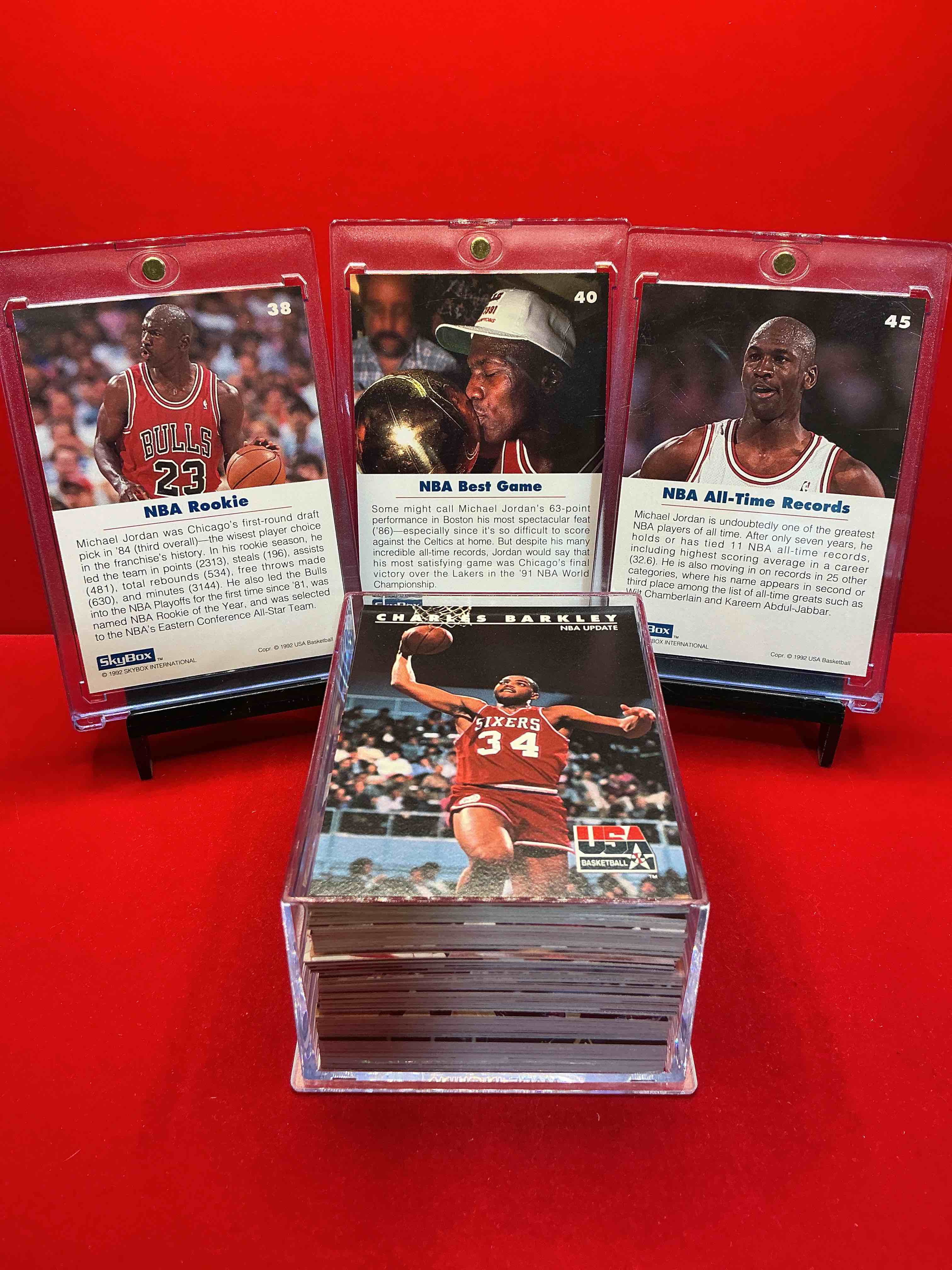 Condition photo showing New/Like New for extremely coveted michael jordan cards! 1992 skybox team usa “dream team” complete 110 card craziness! every player from the dream team all in one place! 9 cards each of michael jordan, scottie pippen, magic johnson, patrick ewing, larry bird, karl malone, chris mullen, john stockton & david robinson! basketball fans rejoice!