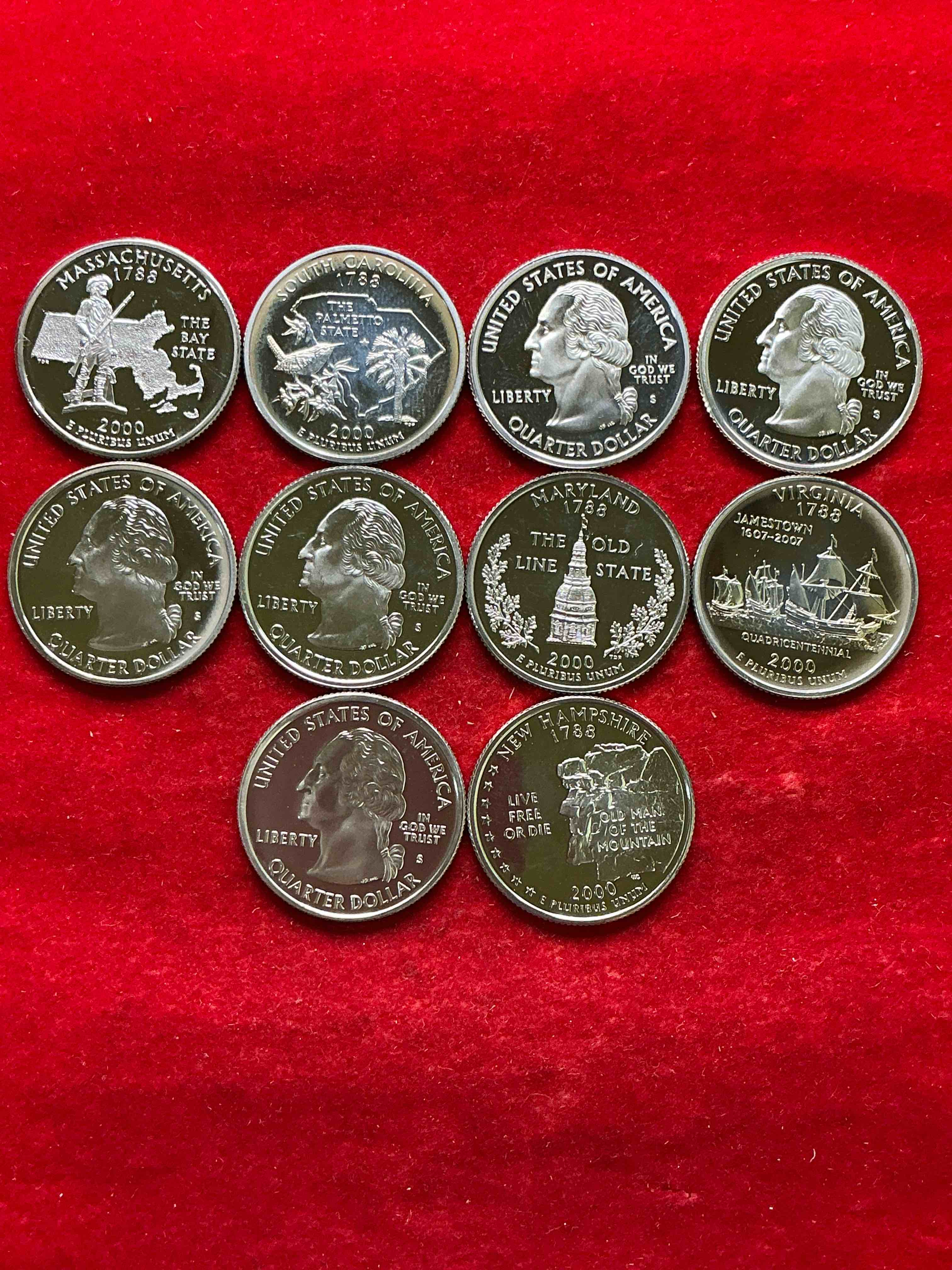 proof quarters, year 2000!  a great collection of various proof state quarters from year 2000, uncirculated proof condition!  these quarters are gorgeous & a serious collector items!  