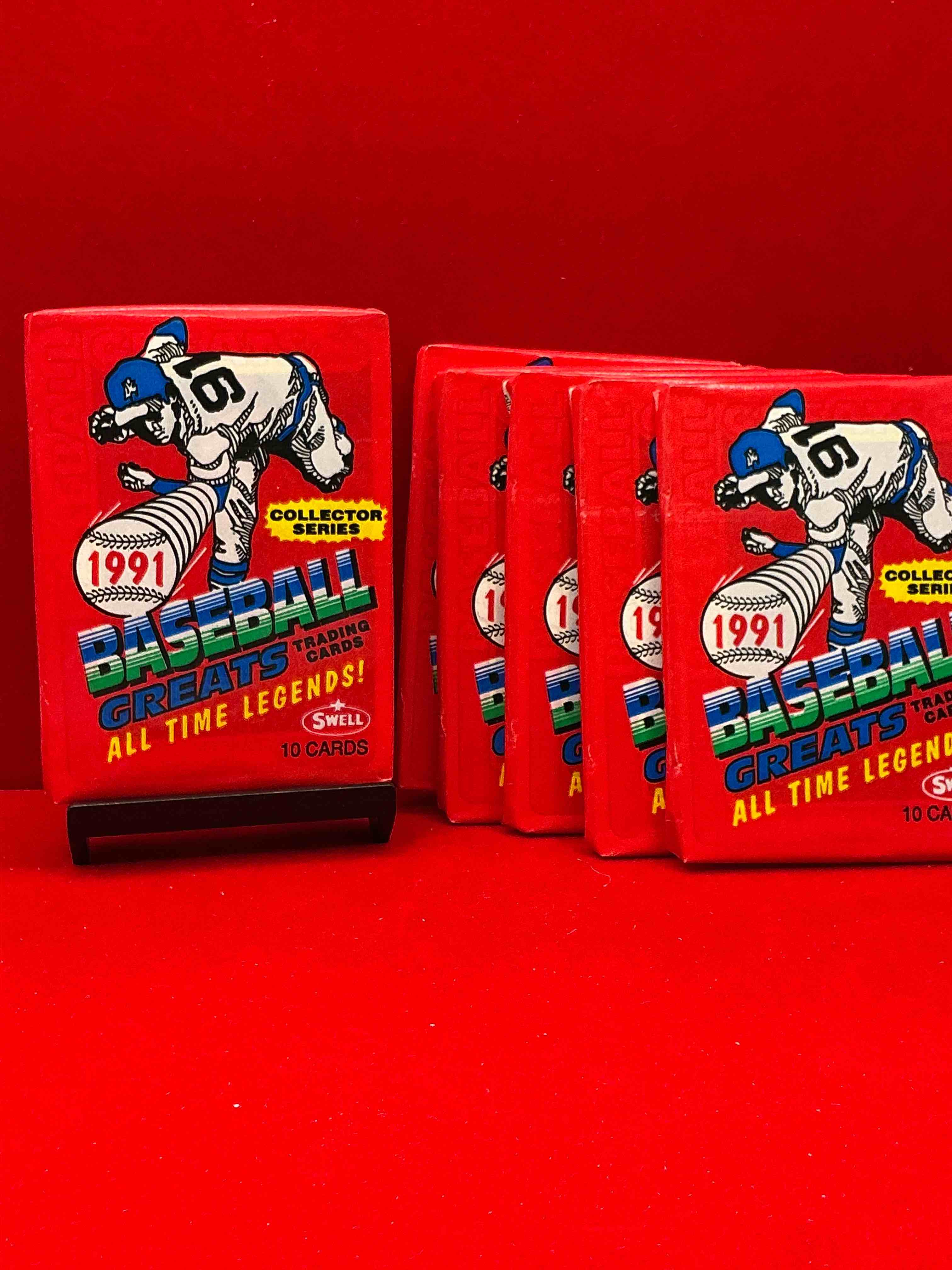 babe ruth!? willie mays!? wow! 1991 baseball greats! look for legendary cards featuring lou gehrig, ted williams, yogi berra, lou brock & more! “baseball greats… all time legends” packs! wow! collector series!