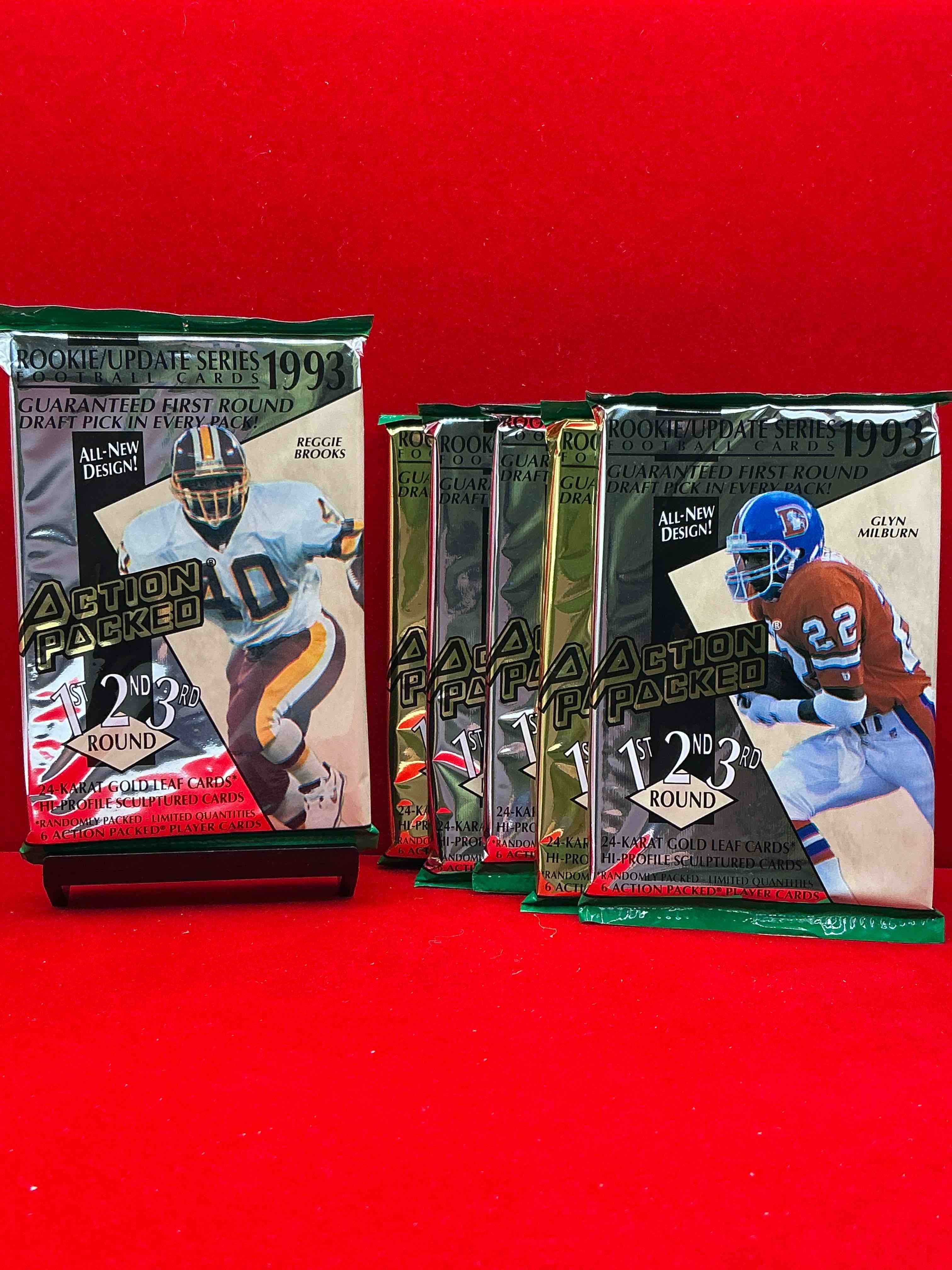 1993 nfl action packed rookie update series! guaranteed star card inside! possible 24k gold leaf cards! awesome nfl packs! search for stars, michael irvin, jerry rice, joe montana, bo jackson, barry sanders & more!