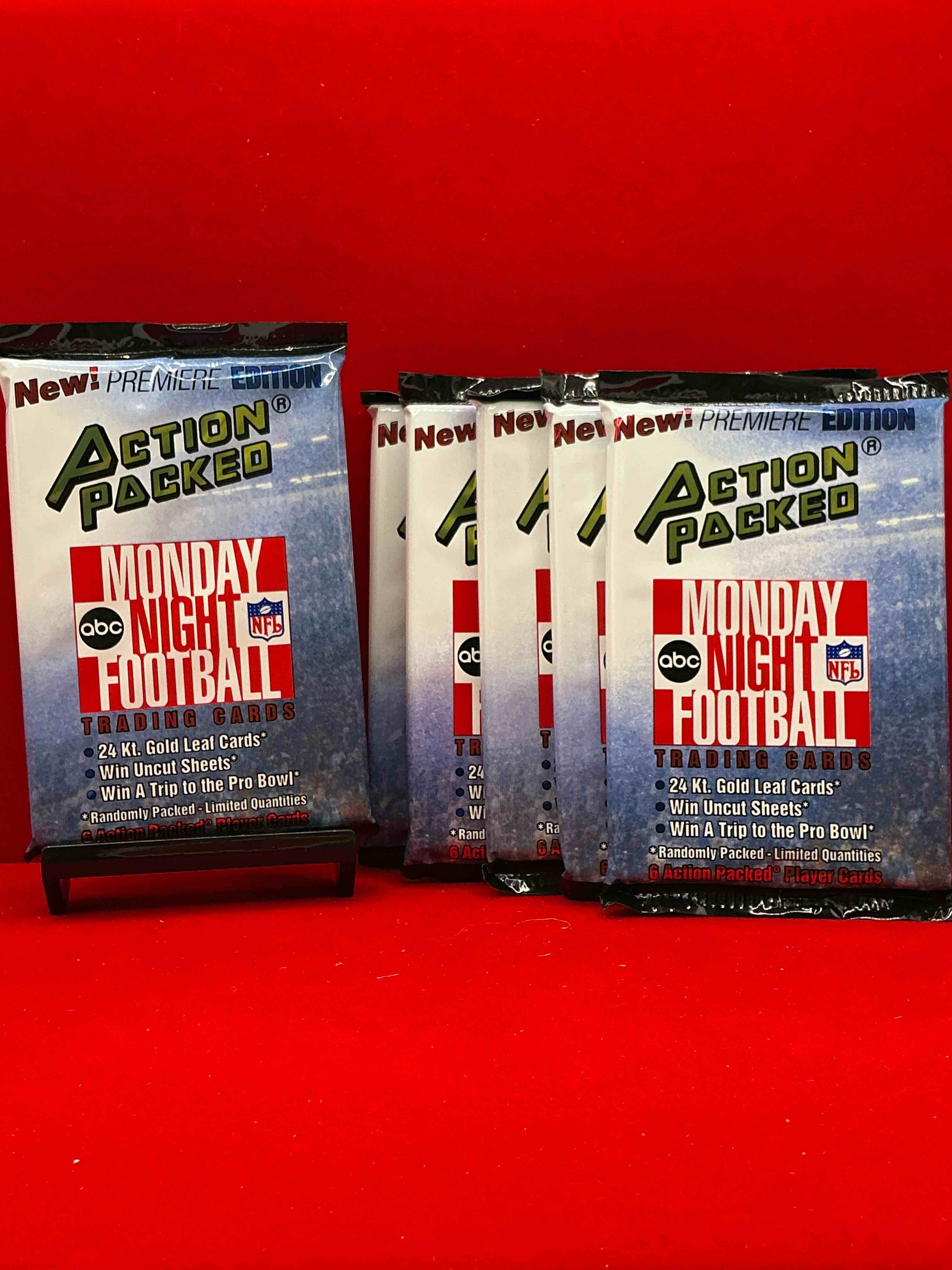 monday night football! rare edition! 1993 nfl action packed! guaranteed star card inside! possible 24k gold leaf cards! awesome nfl packs! search for stars, michael irvin, jerry rice, joe montana, bo jackson, barry sanders & more!