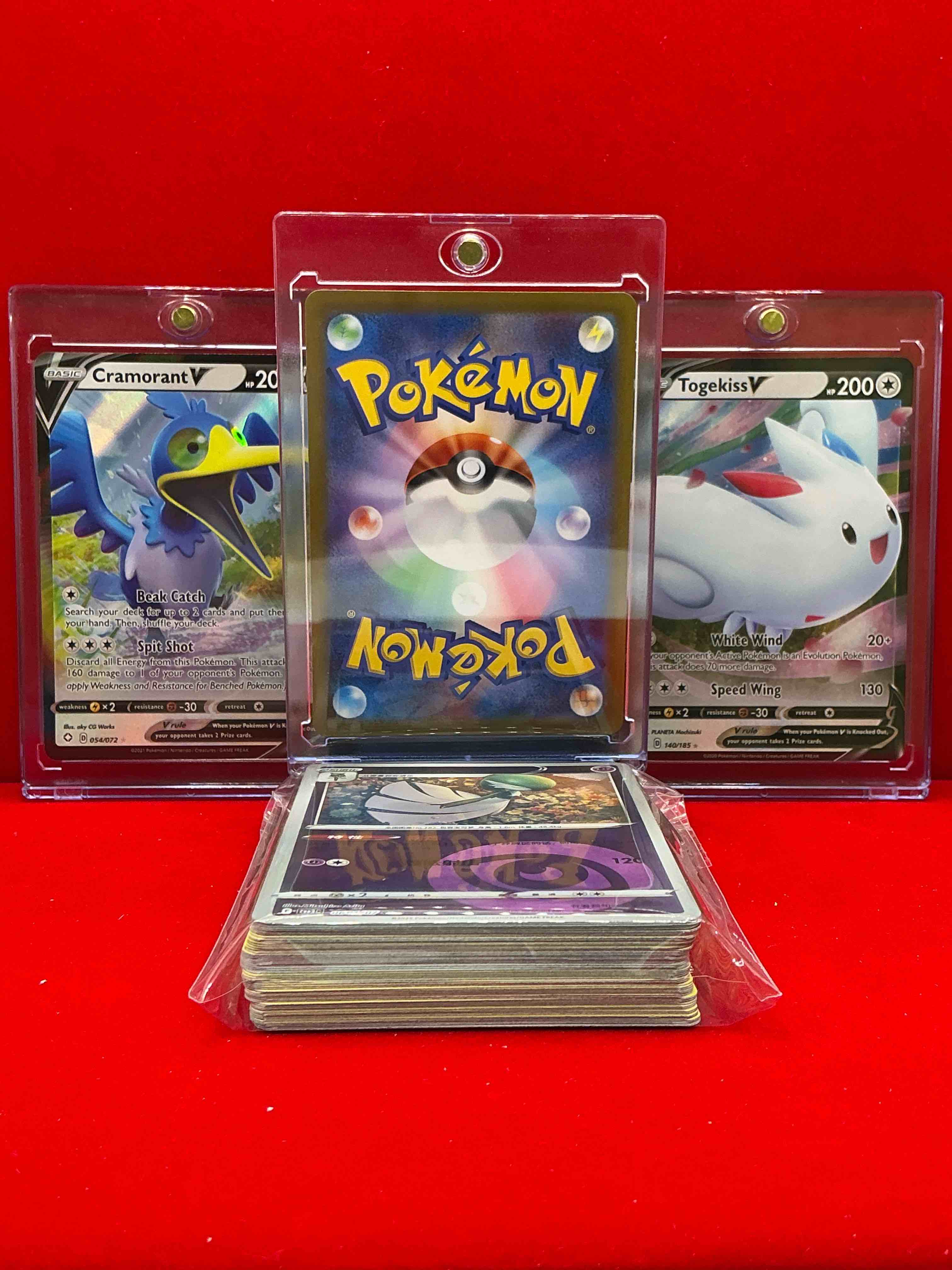 Condition photo showing New/Like New for charizard vstar, togekiss & more! v insanity! along with 50 other pokémon heroes, holos, legends & commons- including holographic cards, stage 2 cards, holos in all forms & more! also includes 36 non holo common/ uncommon basic & first stage cards trainers & energy too! perfect set for collectors & enthusiasts!