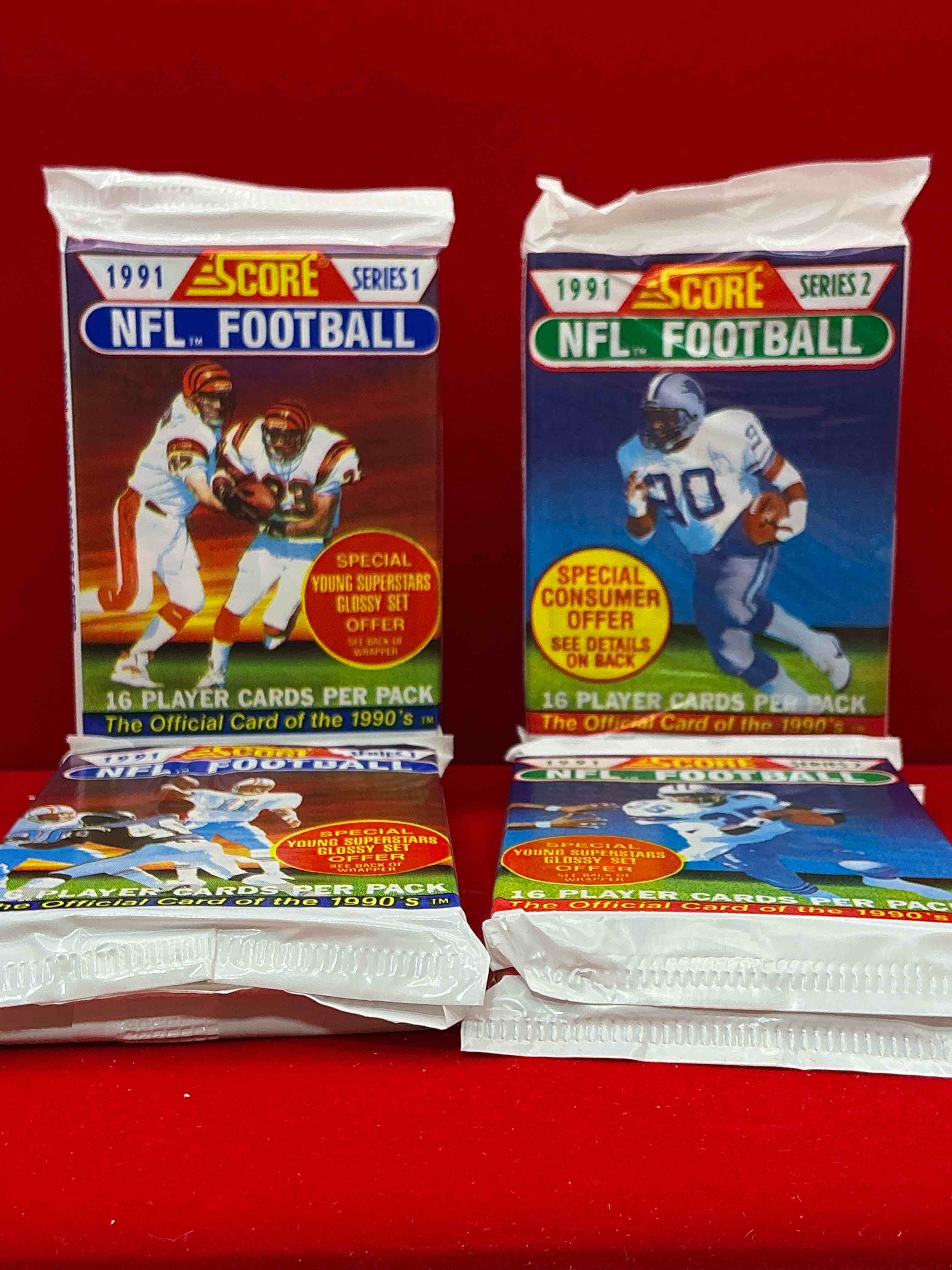 1991 nfl score football sealed card packs series i & ii direct from original retail case! these cards are sought after by collectors for their awesome, nostalgic look. search for brett favre rookie, early jerry rice, early emmit smith, joe montana & so much more!