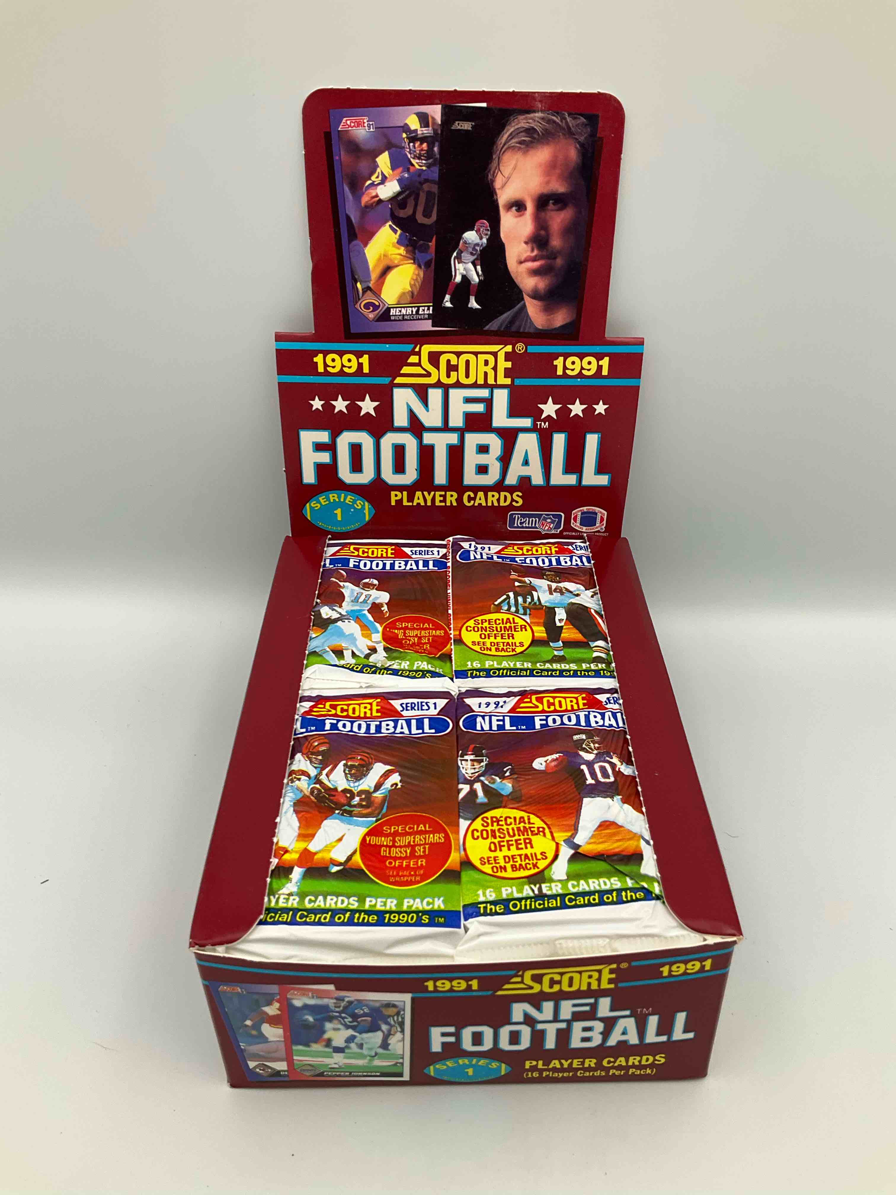 Condition photo showing New/Like New for 1991 nfl score football sealed card packs series i & ii direct from original retail case! these cards are sought after by collectors for their awesome, nostalgic look. search for brett favre rookie, early jerry rice, early emmit smith, joe montana & so much more!